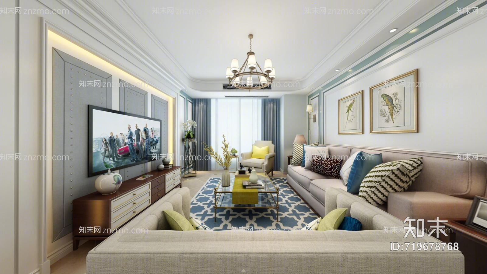 美式田园客厅3D模型下载【ID:719678768】