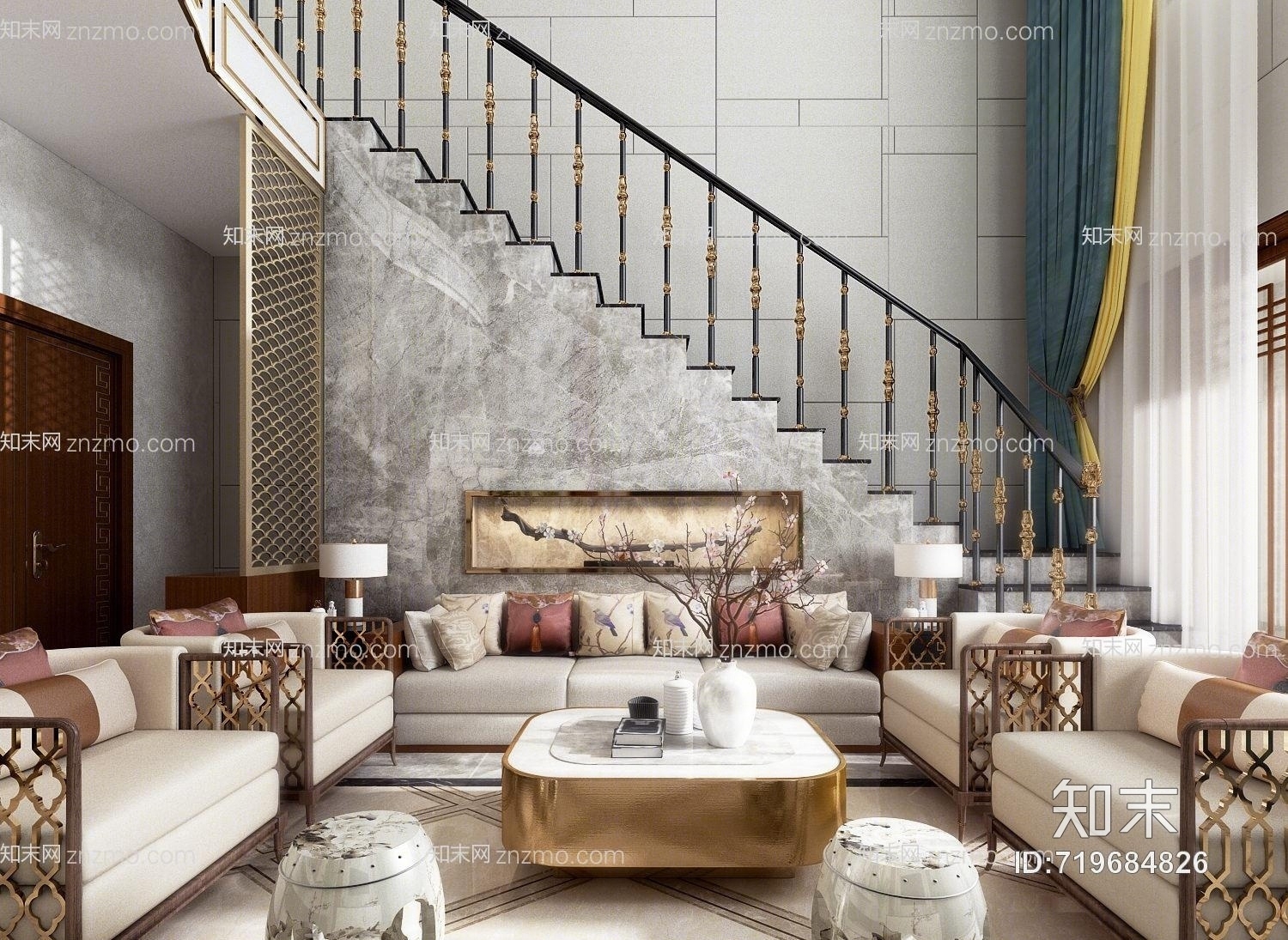 新中式别墅客厅模型3D模型下载【ID:719684826】