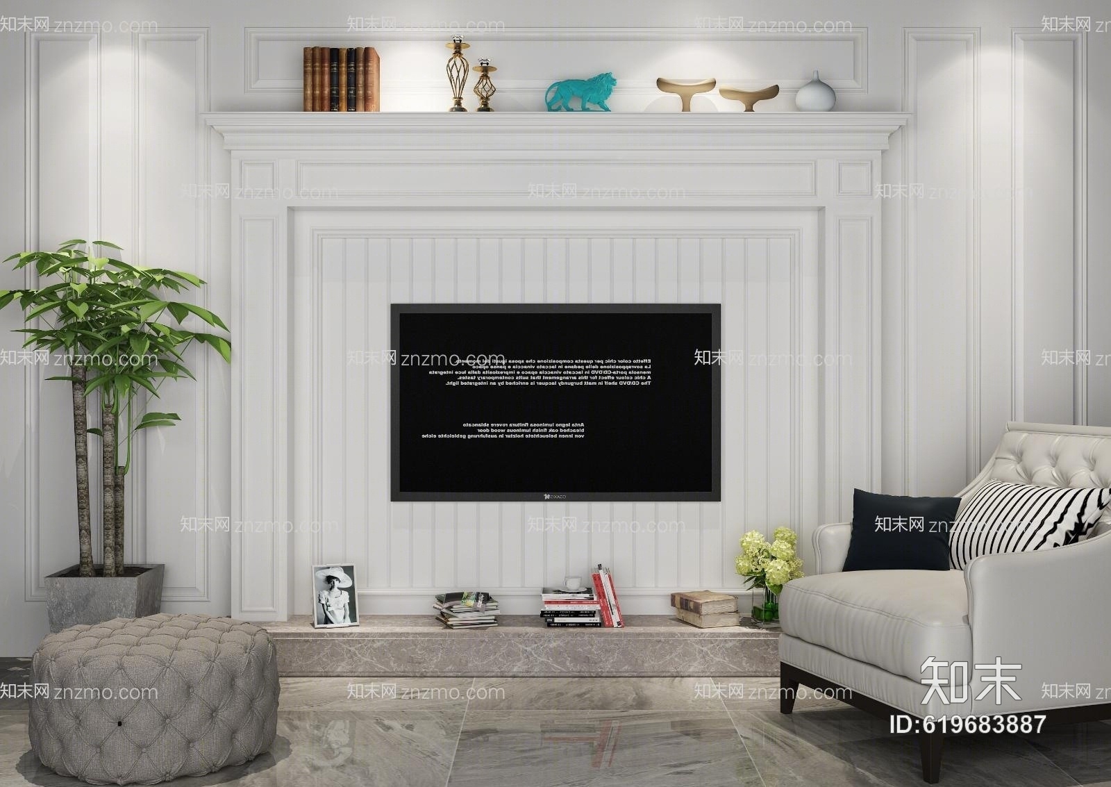 美式壁炉电视墙组合3D模型下载【ID:619683887】