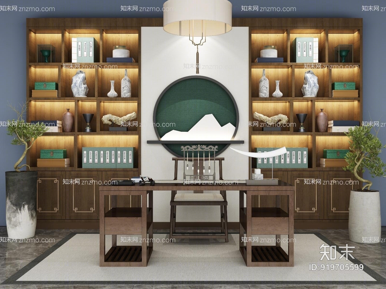 中式书桌书柜组合3D模型下载【ID:919705599】