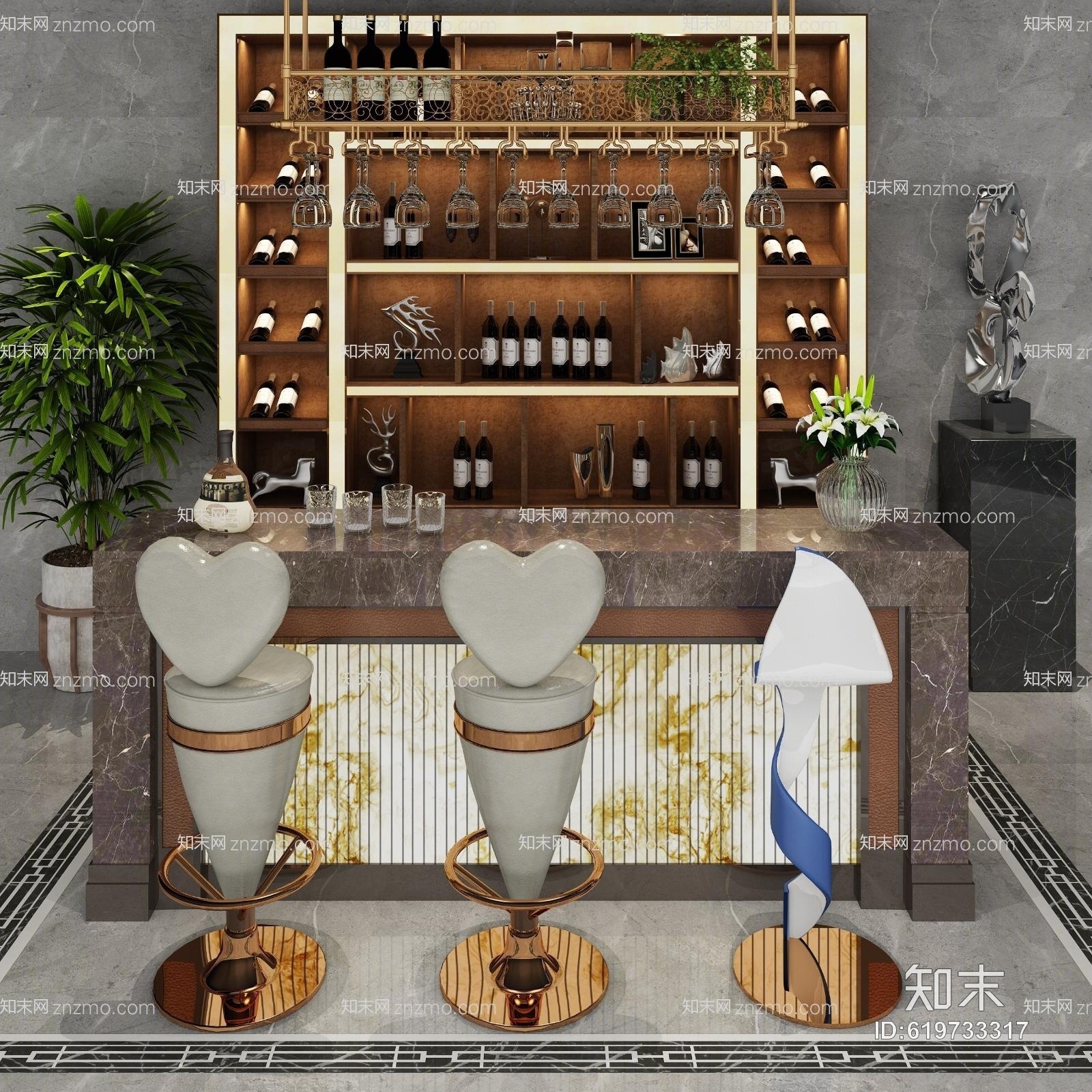 后现代吧台酒柜组合3D模型下载【ID:619733317】