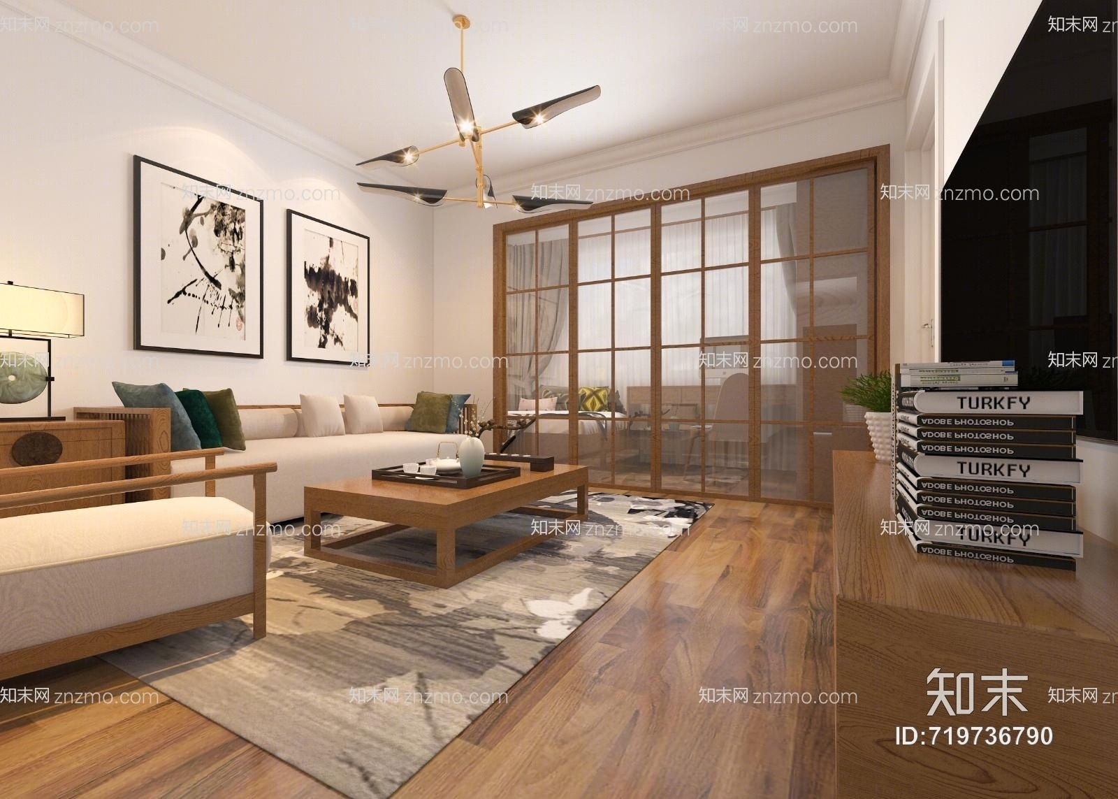 新中式客餐厅卧室3D模型下载【ID:719736790】