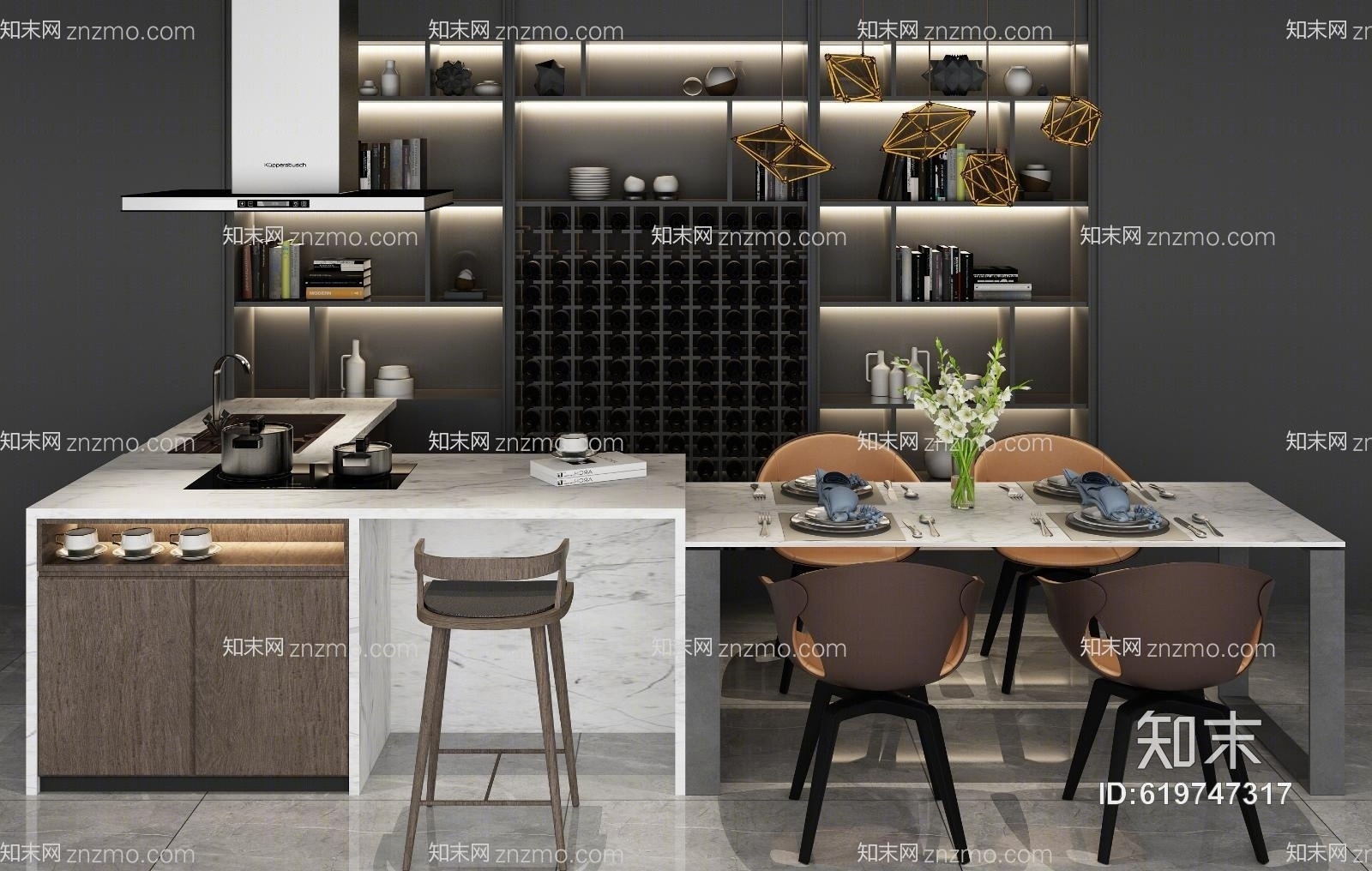 现代吧台酒柜组合3D模型下载【ID:619747317】