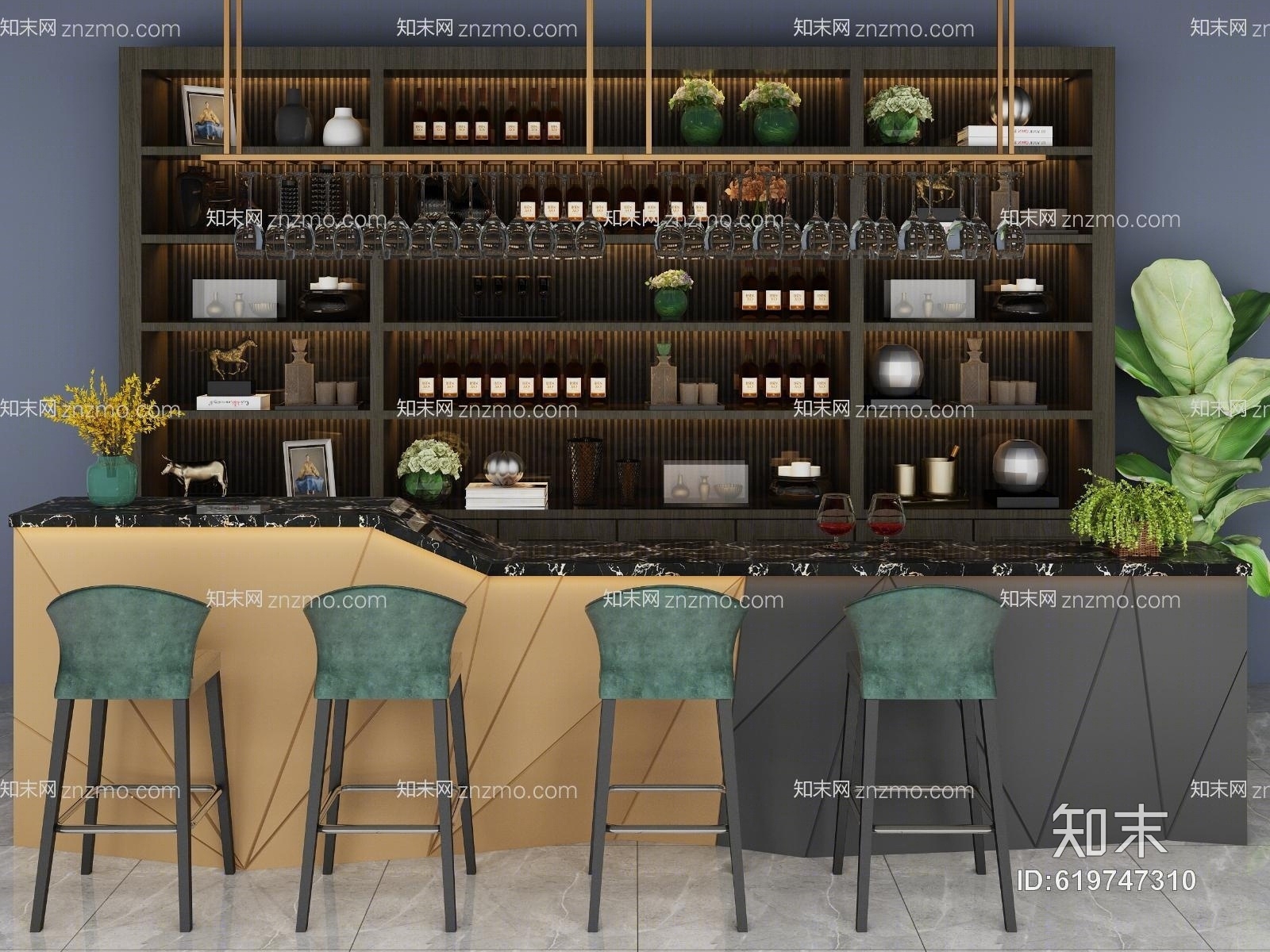 现代吧台酒柜组合3D模型下载【ID:619747310】