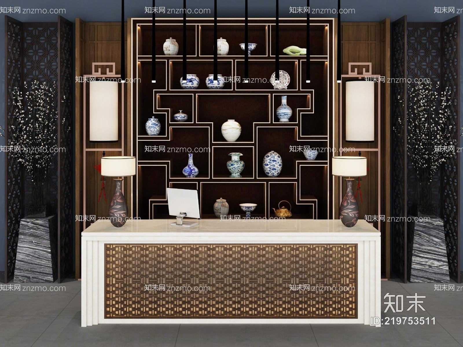 中式前台装饰柜组合3D模型下载【ID:219753511】