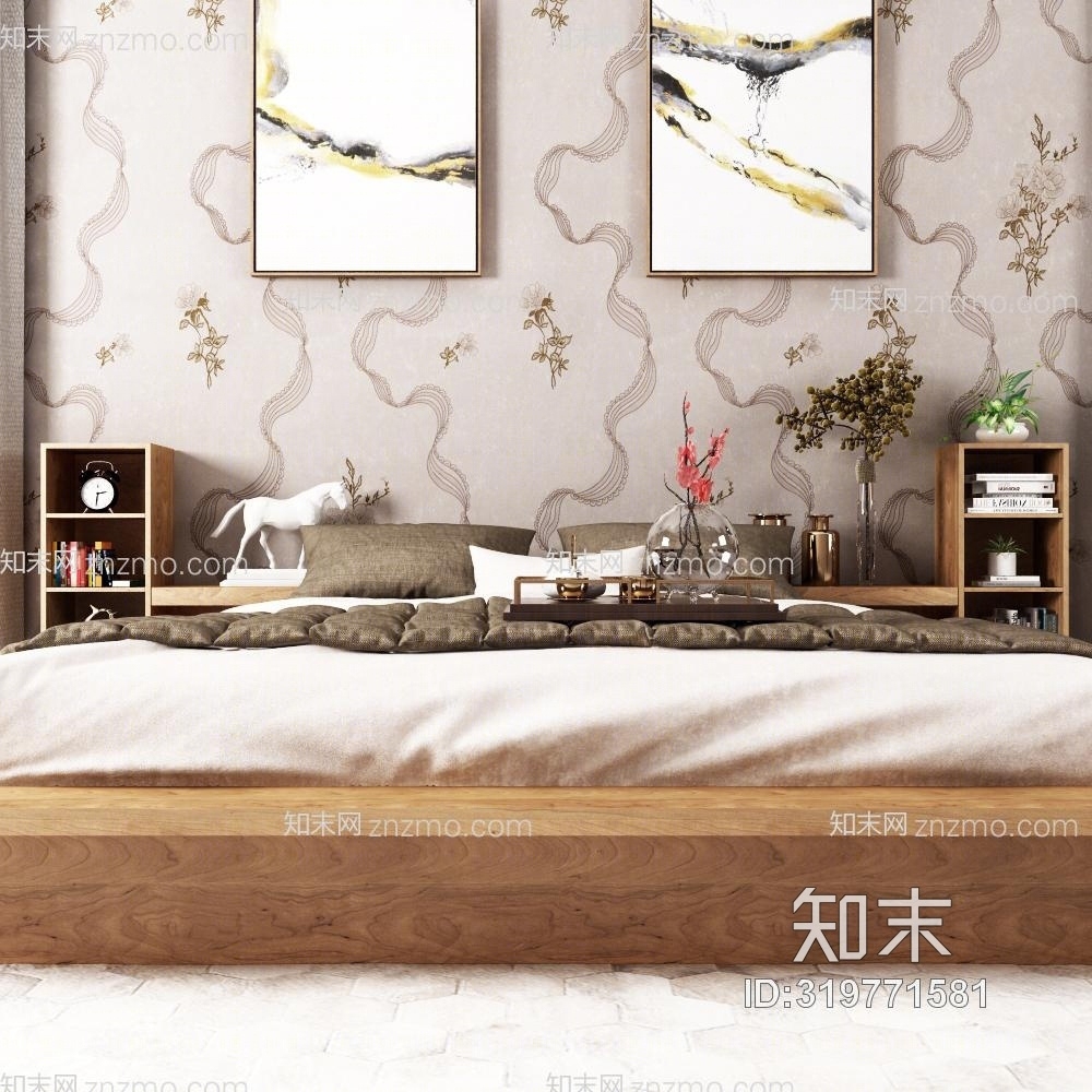 现代中式床床头柜相框组合3D模型下载【ID:319771581】