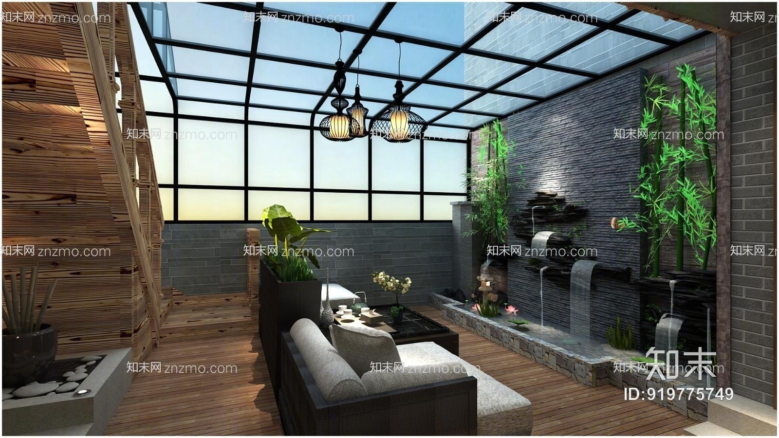 禅意新中式阳台花园休闲娱乐室阳光房水景楼梯沙发花盆3D模型下载【ID:919775749】