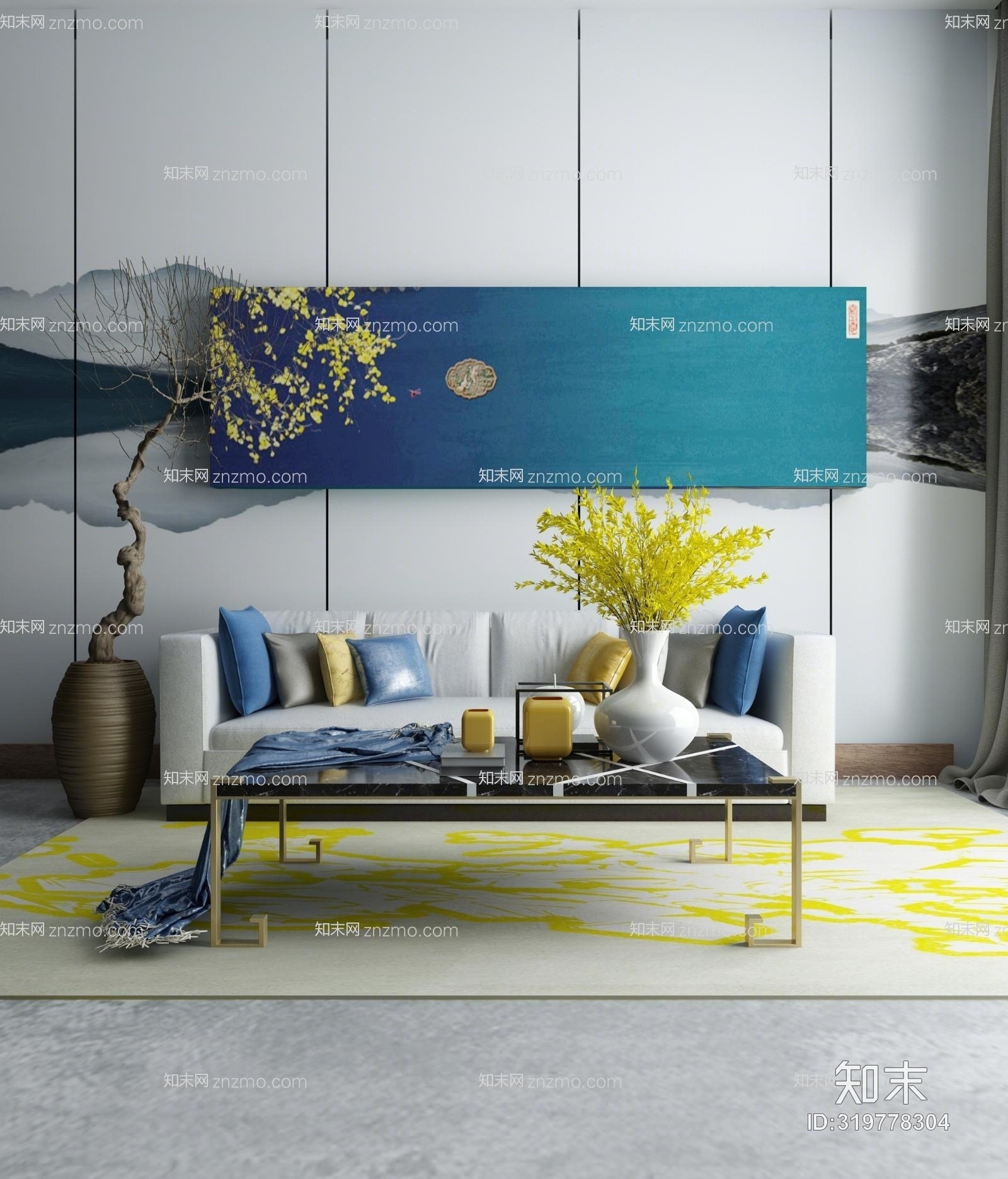 现代美式沙发茶几组合3D模型下载【ID:319778304】