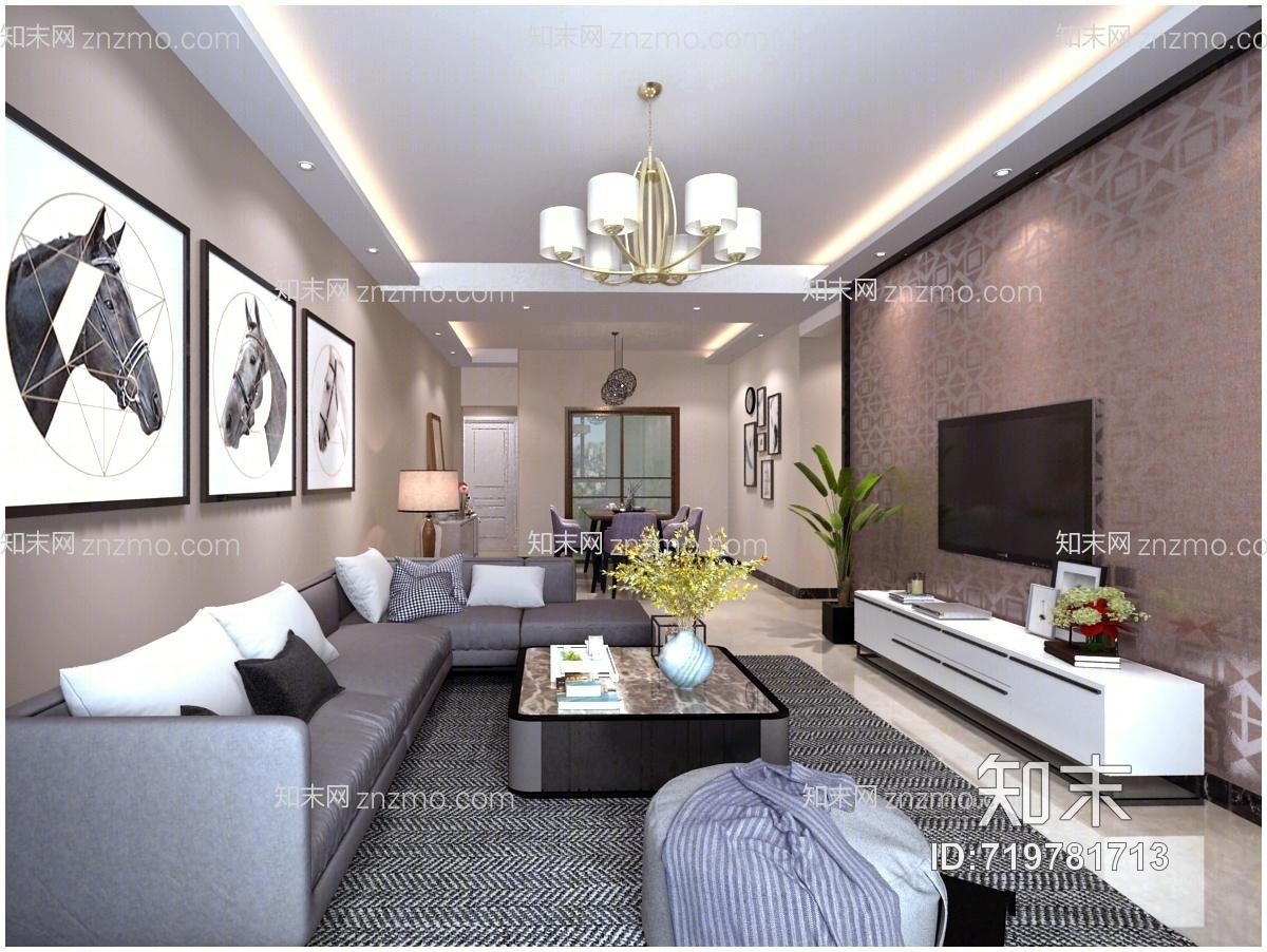 现代客厅餐厅吊灯沙发电视柜餐桌效果图3D模型下载【ID:719781713】