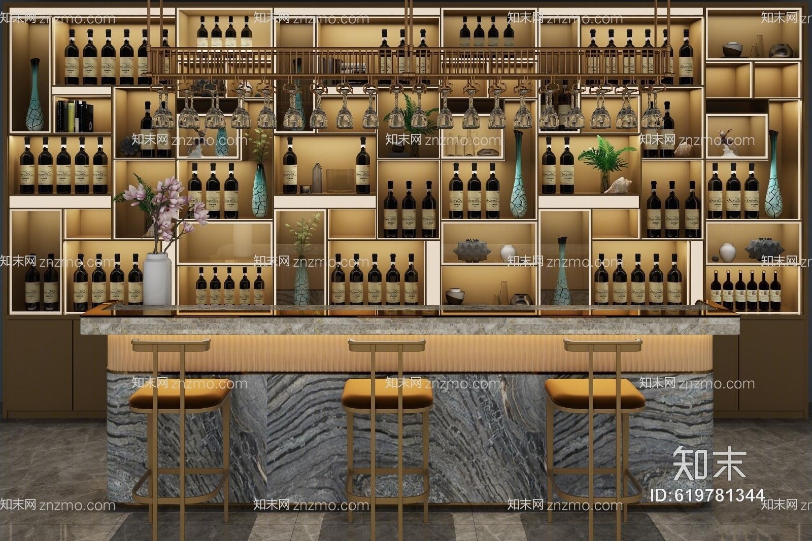 现代吧台酒柜组合3D模型下载【ID:619781344】