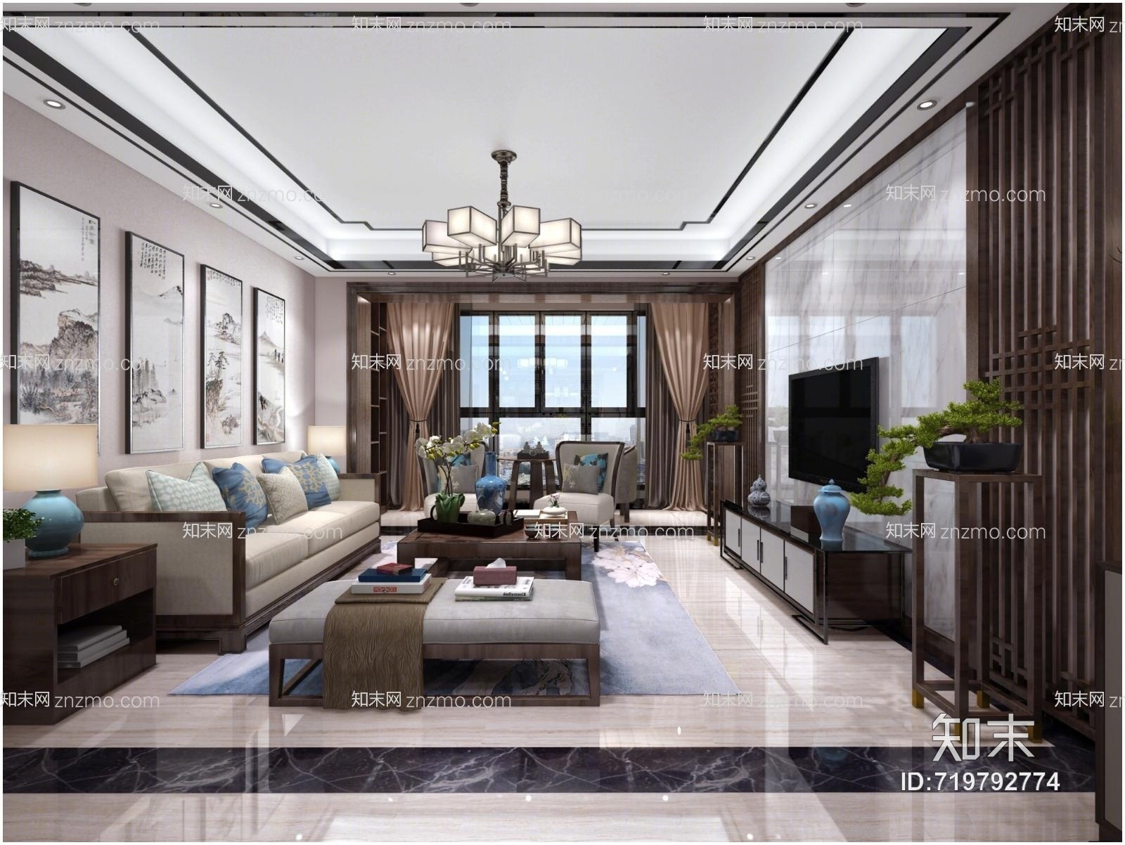 新中式风格客厅餐厅吊灯效果图3D模型下载【ID:719792774】