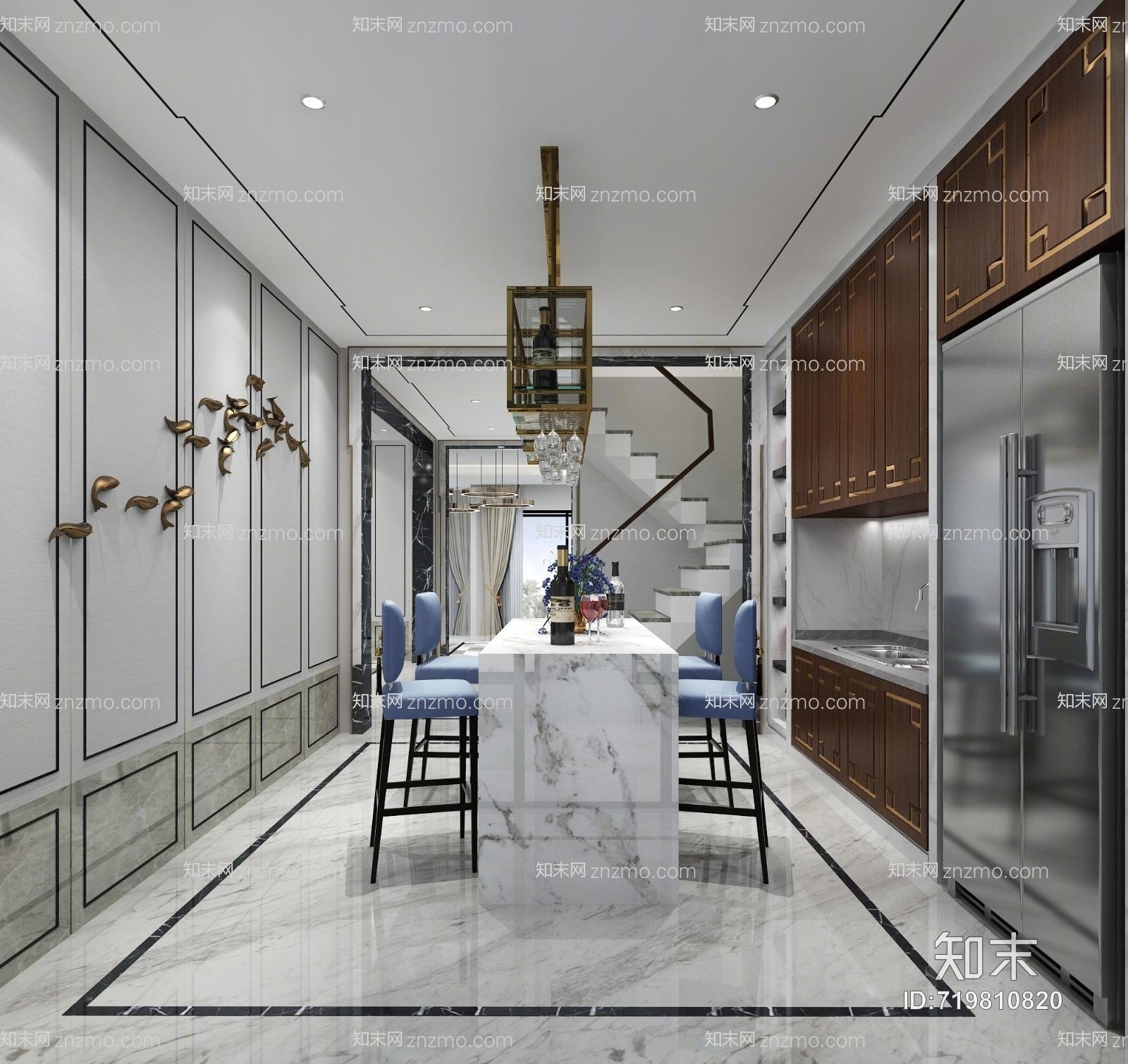 新中式客餐厅吧台3D模型下载【ID:719810820】