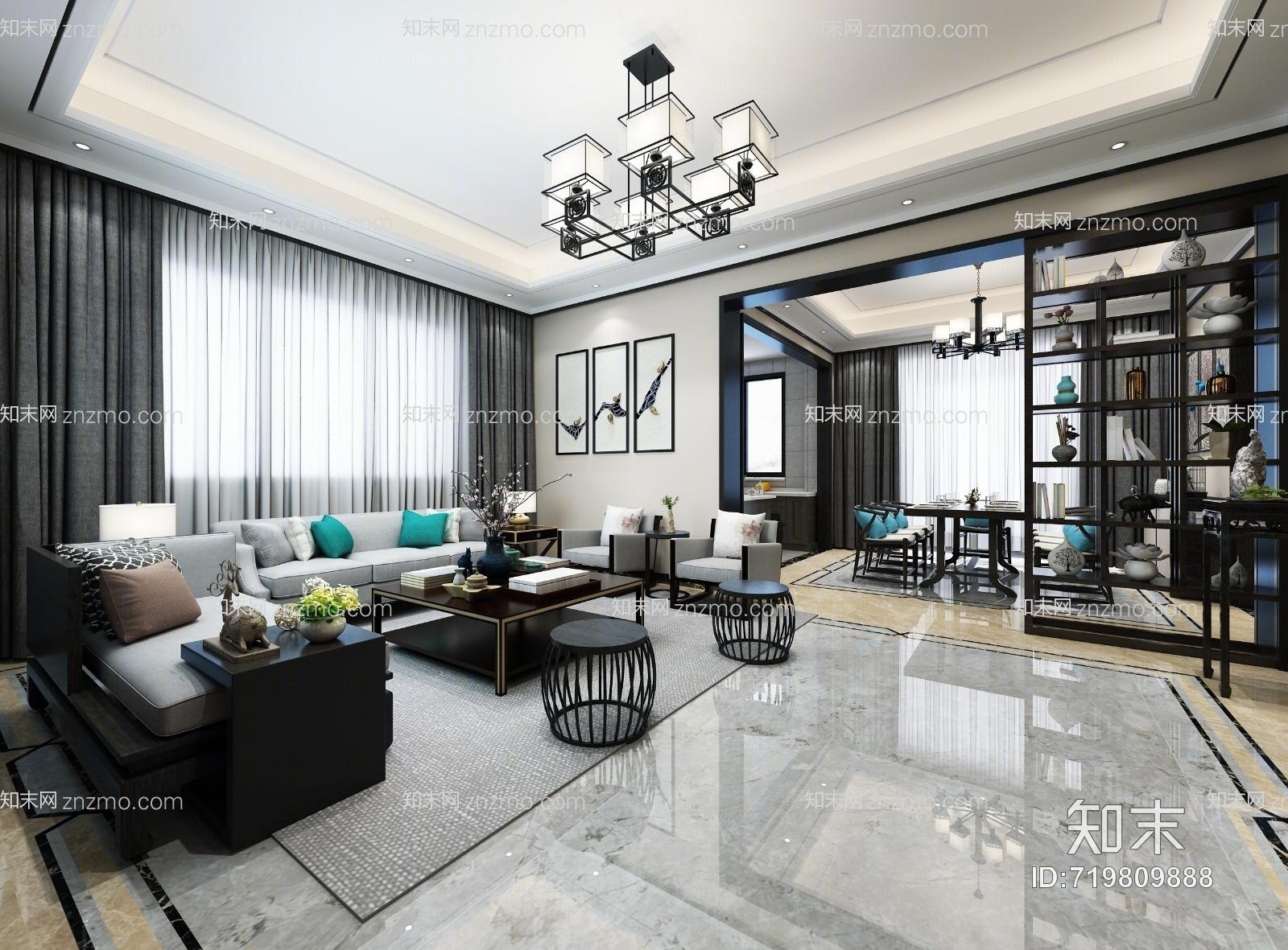 新中式客餐厅模型3D模型下载【ID:719809888】