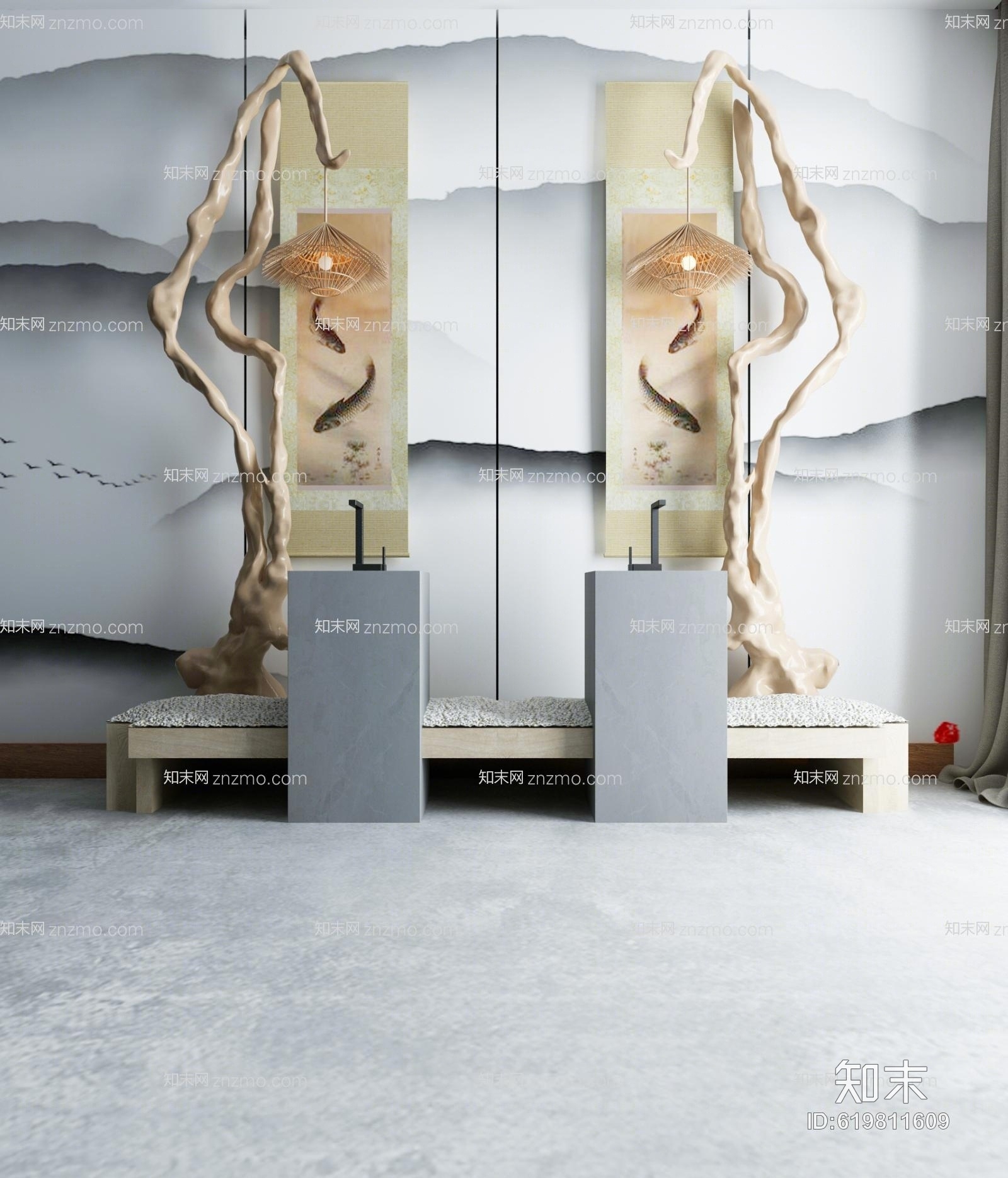 中式禅意根雕3D模型下载【ID:619811609】