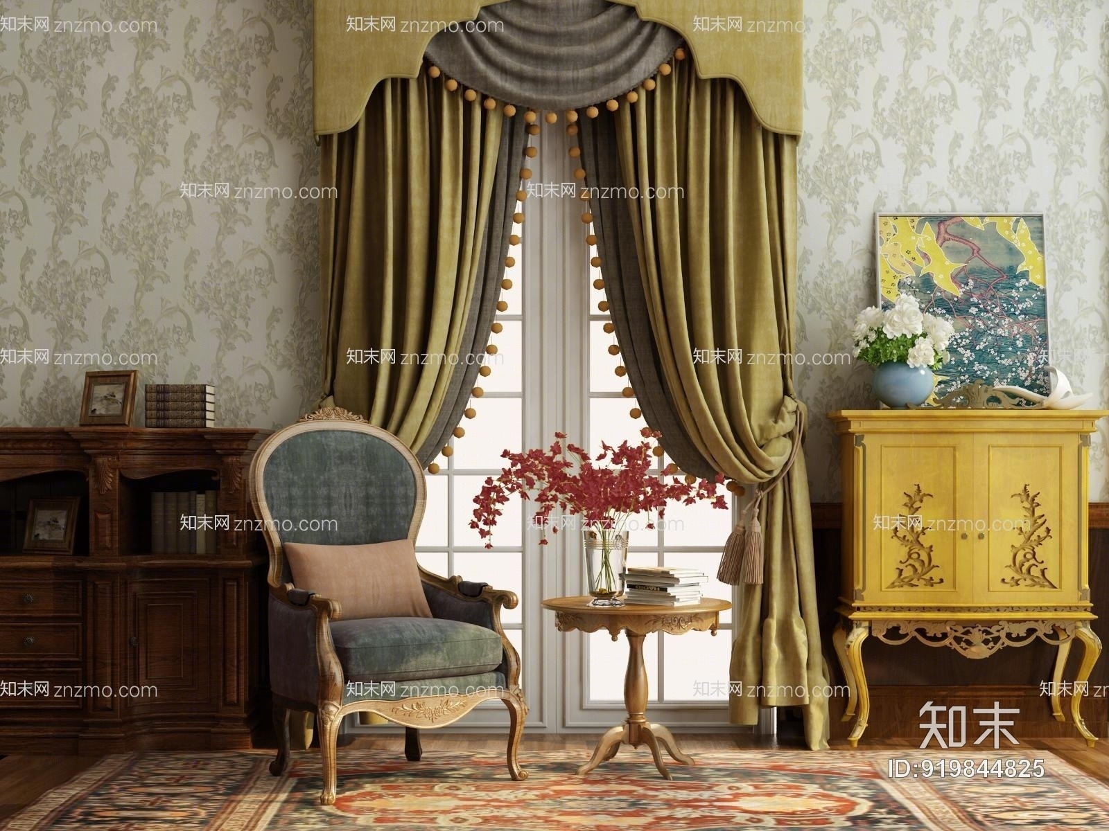 欧式书房单椅边柜组合3D模型下载【ID:919844825】
