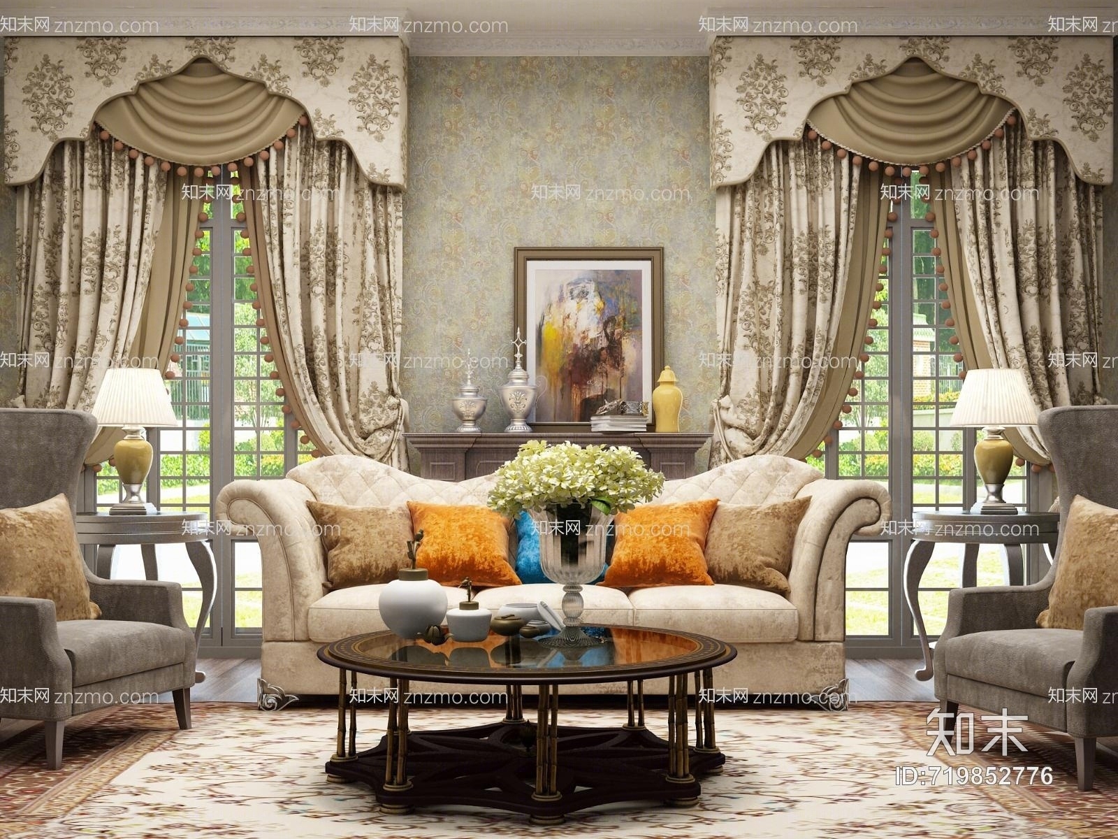 欧式古典客厅沙发茶几装饰柜组合3D模型下载【ID:719852776】