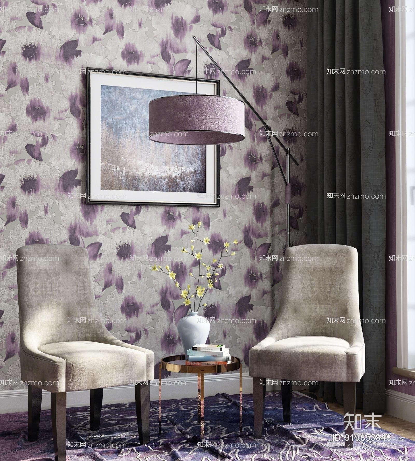 简约美式单椅落地灯窗帘组合3D模型下载【ID:919853848】