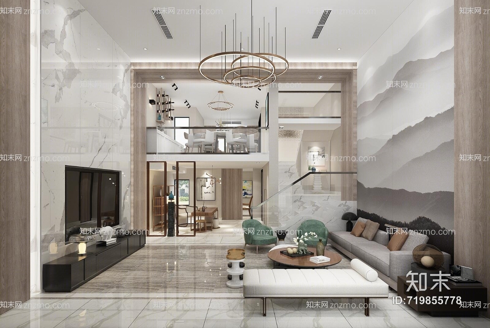 现代客餐厅柜子椅子吊灯3D模型下载【ID:719855778】