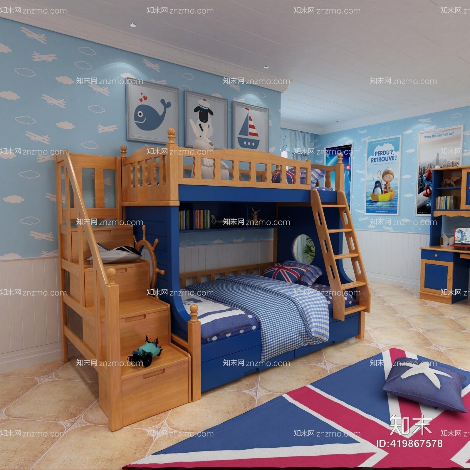 现代全实木上下床双层高低床3D模型下载【ID:419867578】