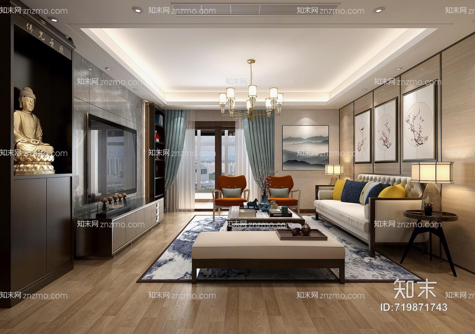 新中式客厅空间3D模型下载【ID:719871743】