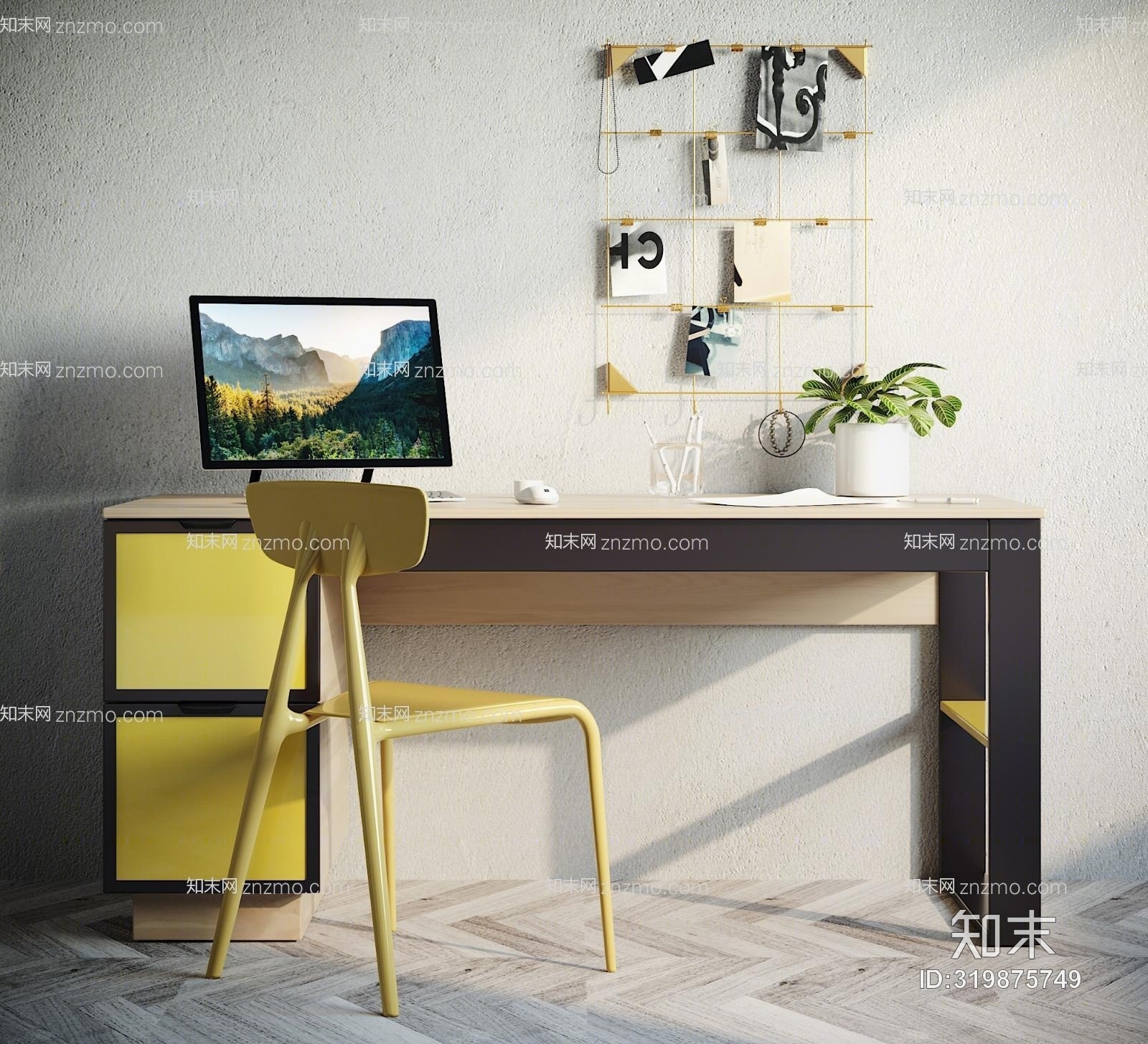 现代电脑桌书桌椅子组合3D模型下载【ID:319875749】