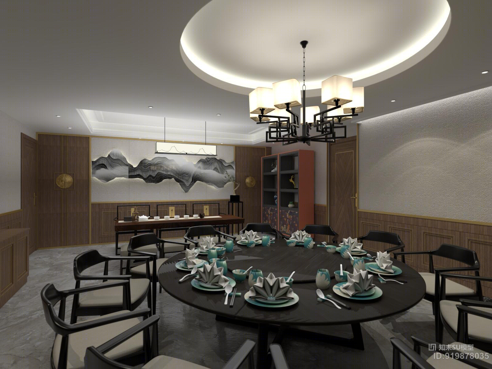 vrey灯光材质新中式会所SU模型下载【ID:919878035】