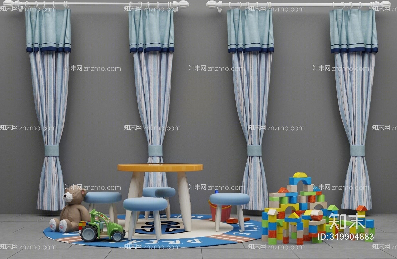 现代儿童房家具窗帘组合3D模型下载【ID:319904883】