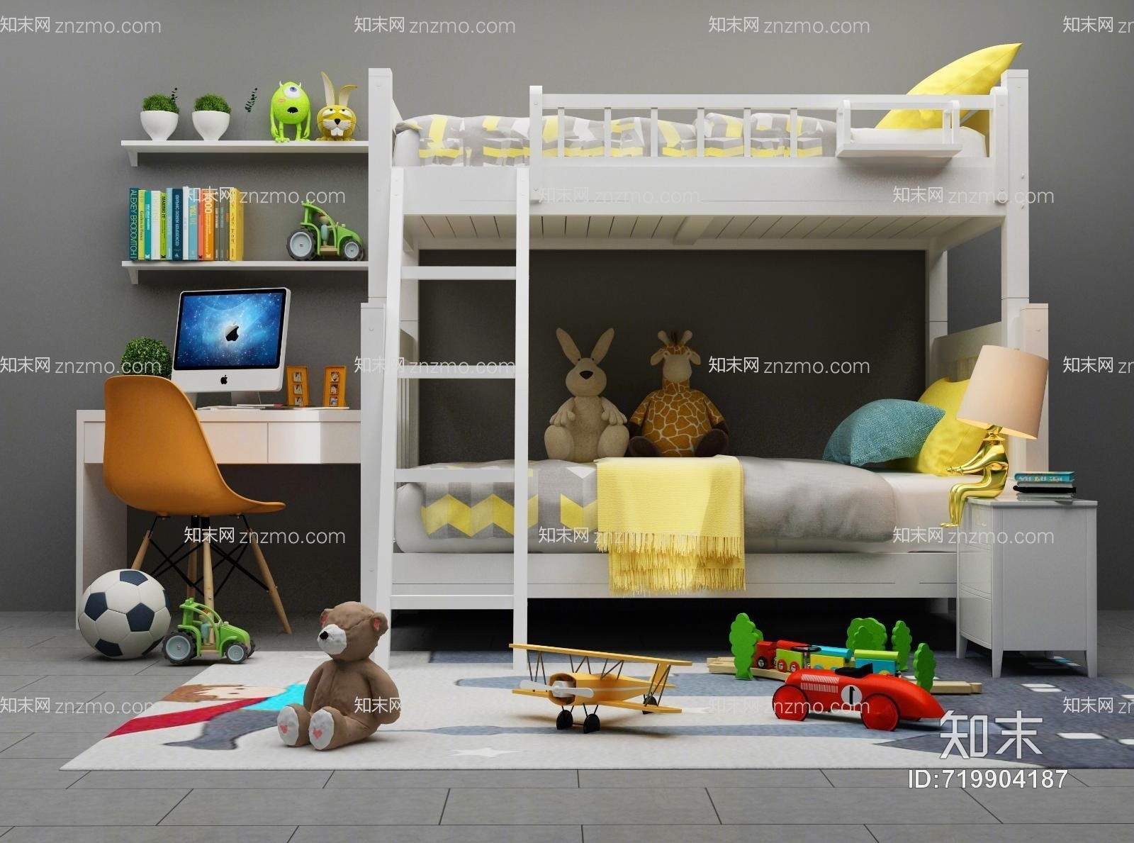 现代儿童房上下床3D模型下载【ID:719904187】