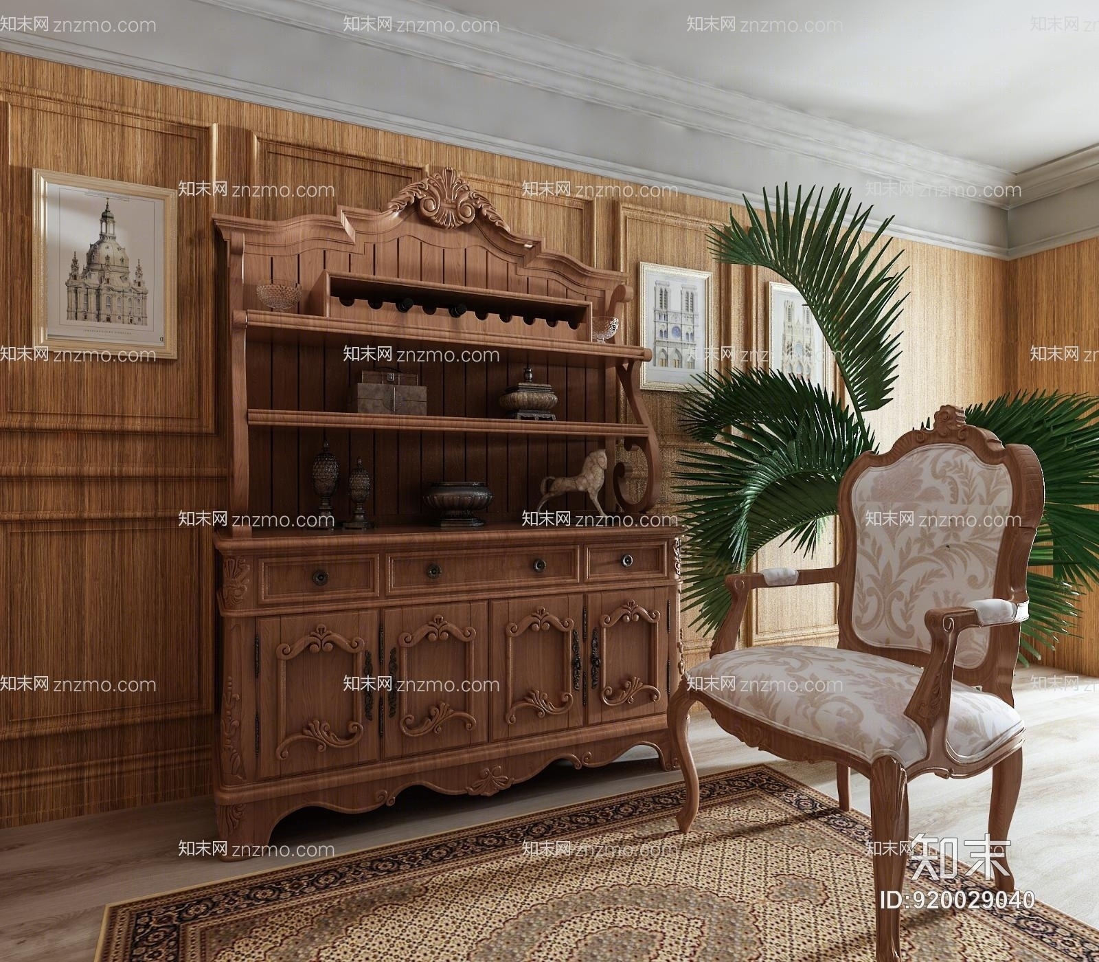 欧式酒柜休闲椅植物组合装饰画装饰品3D模型下载【ID:920029040】