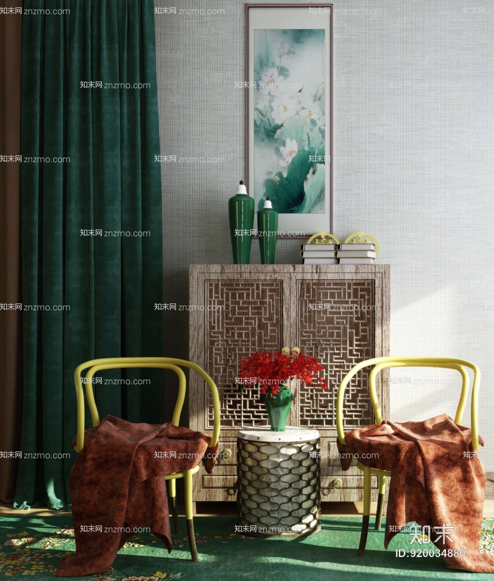 新中式客厅软装组合3D模型下载【ID:920034880】