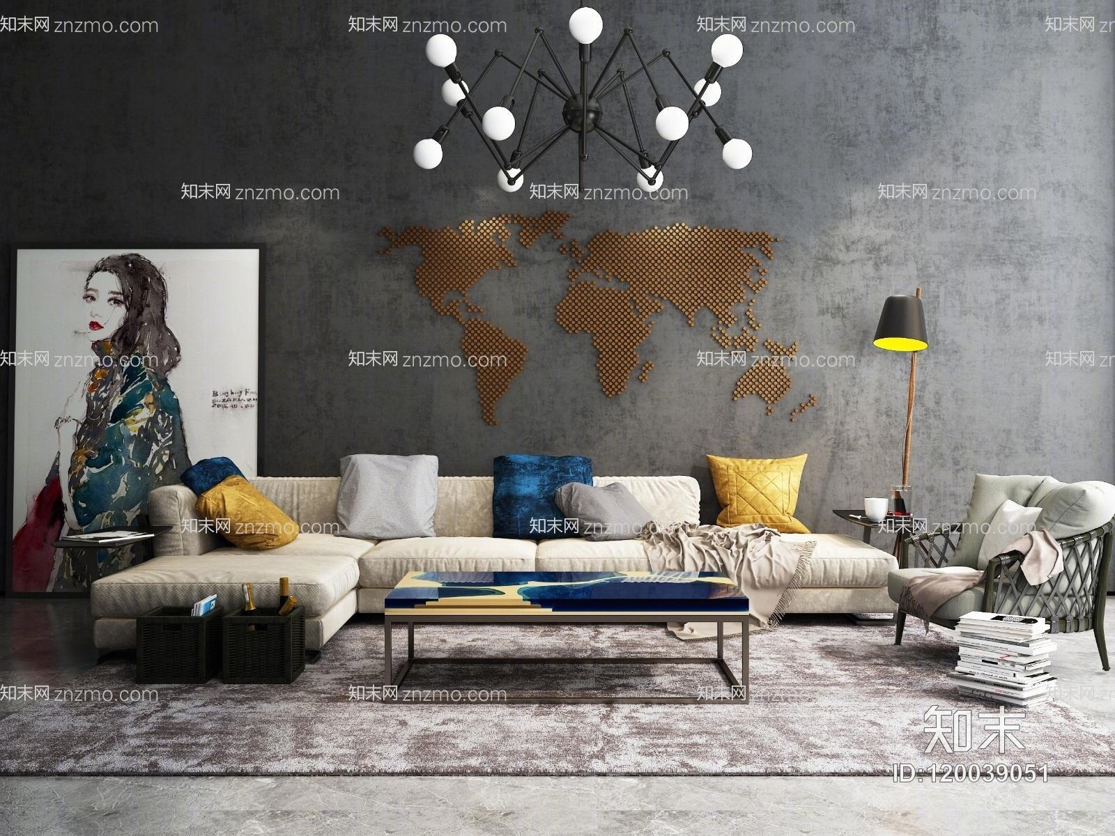 现代沙发茶几挂画吊灯组合模型3D模型下载【ID:120039051】