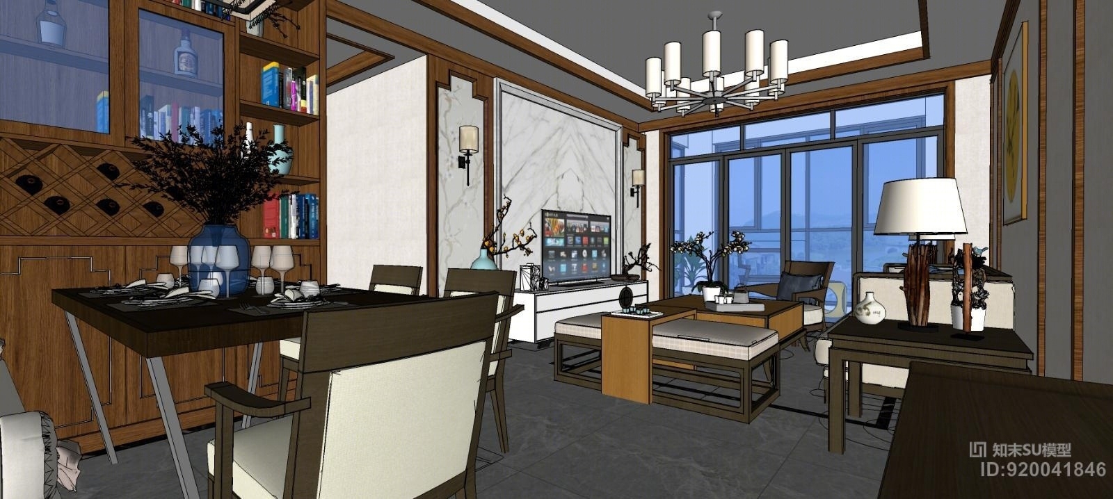 现代中式客餐厅金属吊灯、禅意空间。SU模型下载【ID:920041846】