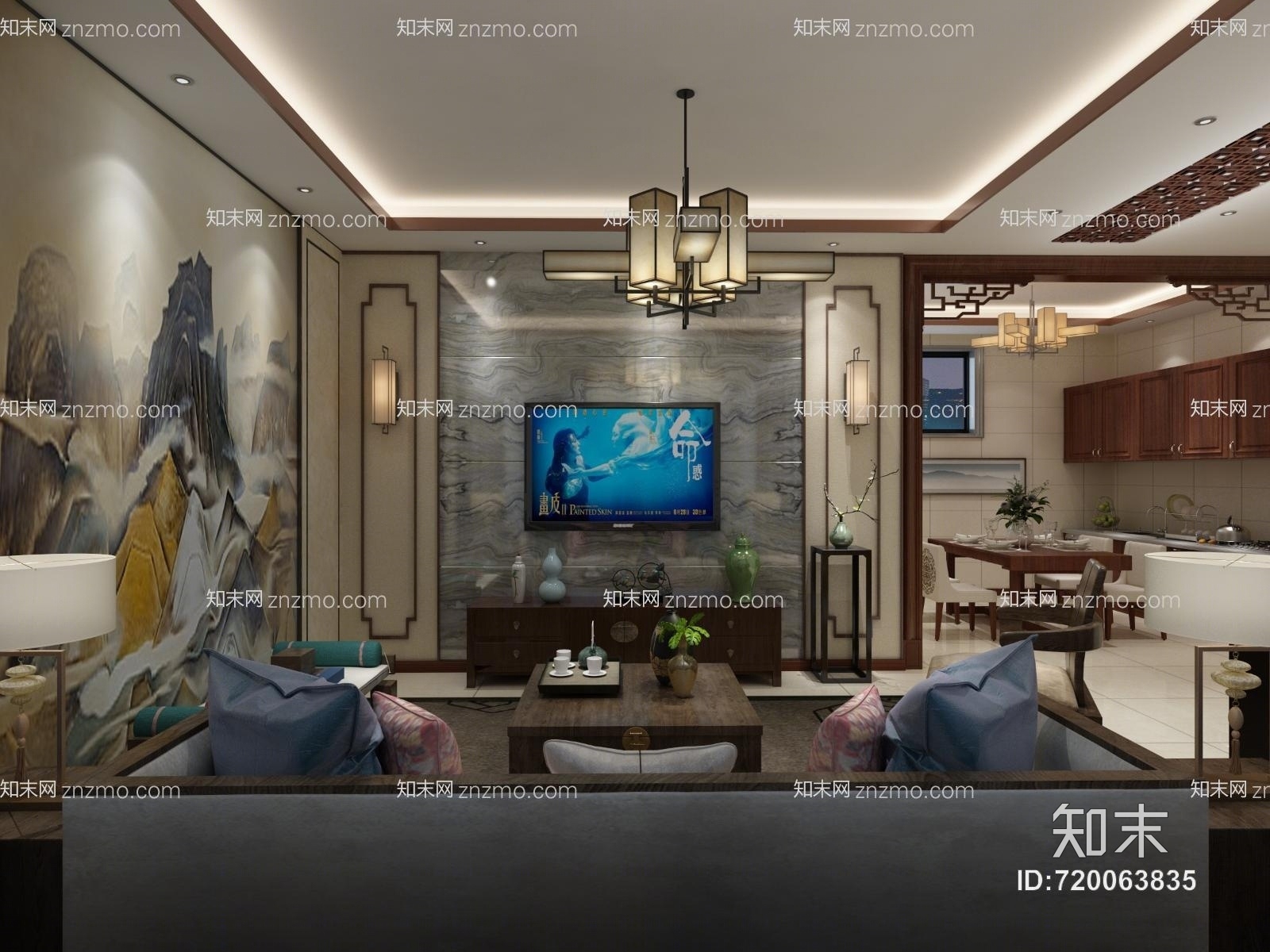 新中式客餐厅3D模型下载【ID:720063835】