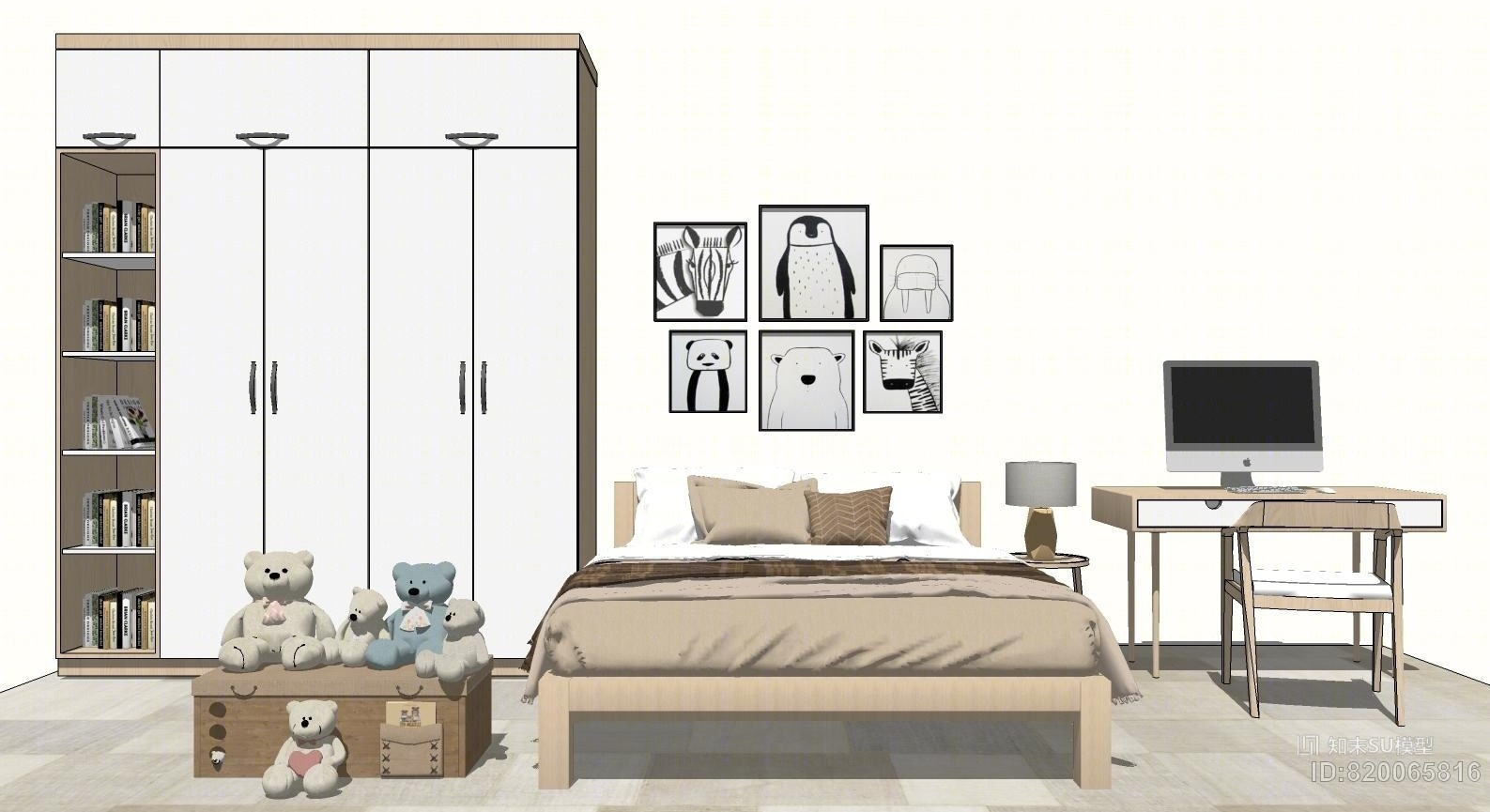 北欧-日式，儿童房，衣柜，床，桌子，地毯SU模型下载【ID:820065816】