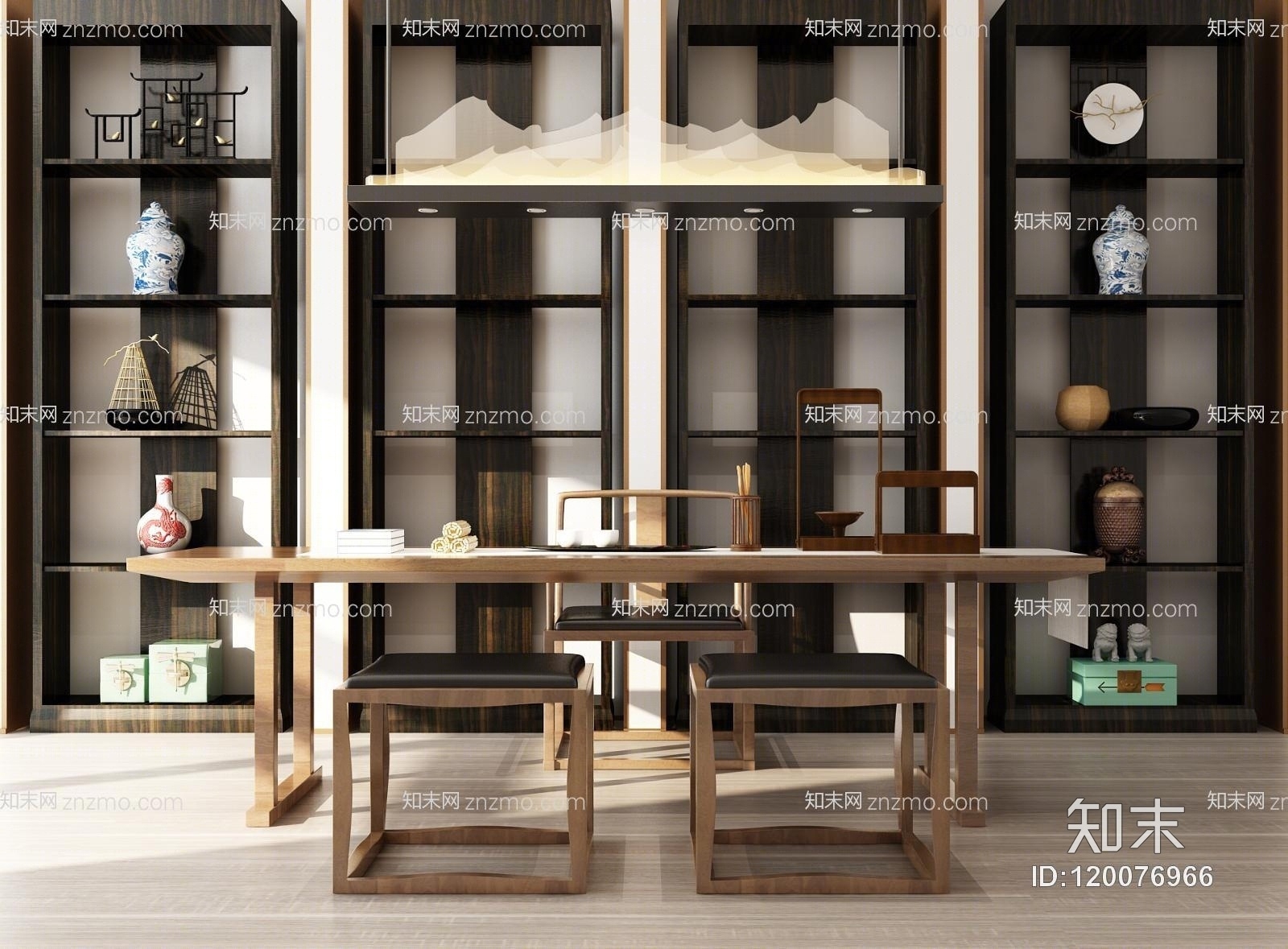 中式办公桌书柜吊灯3D模型下载【ID:120076966】