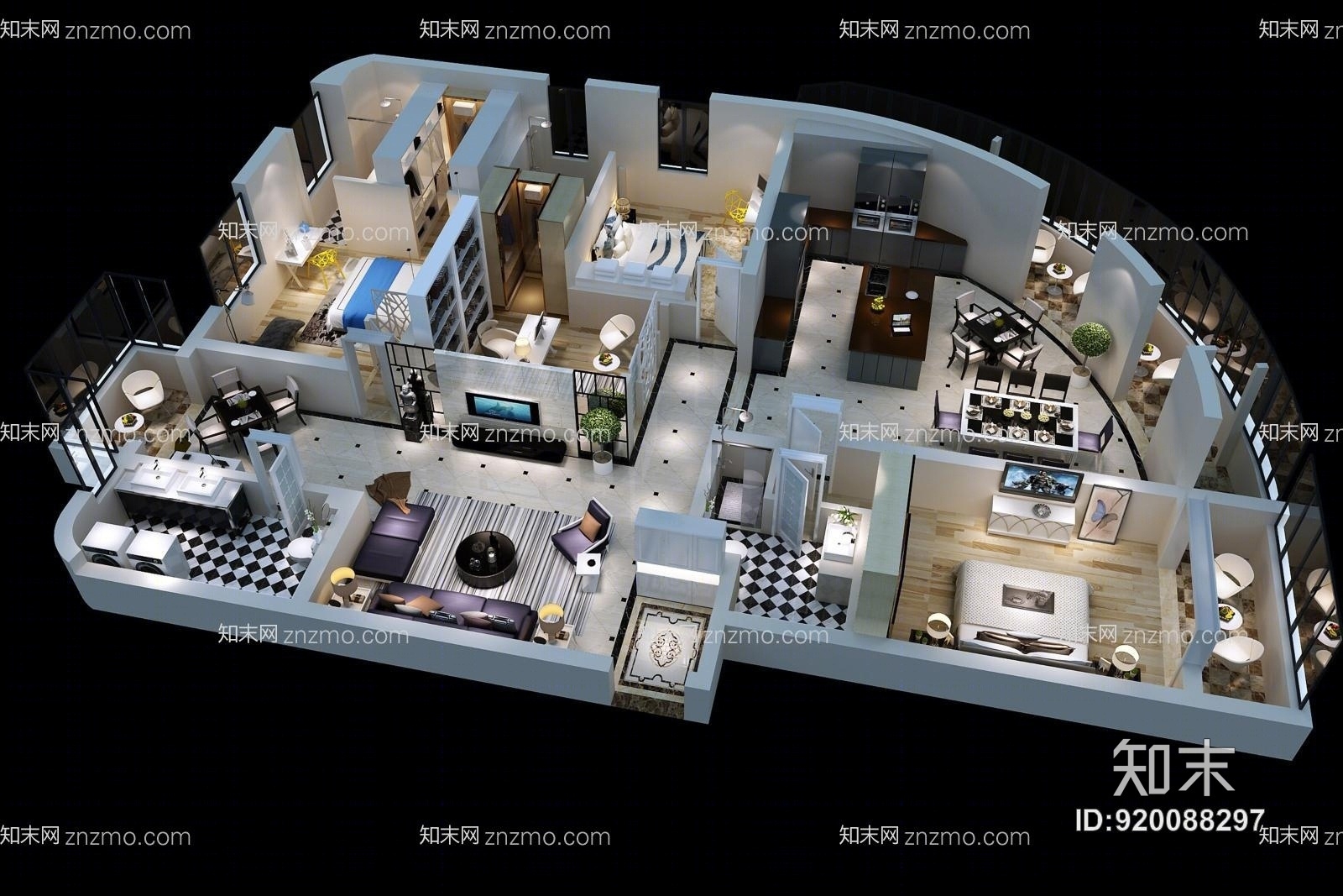 现代客厅鸟瞰图3D模型下载【ID:920088297】