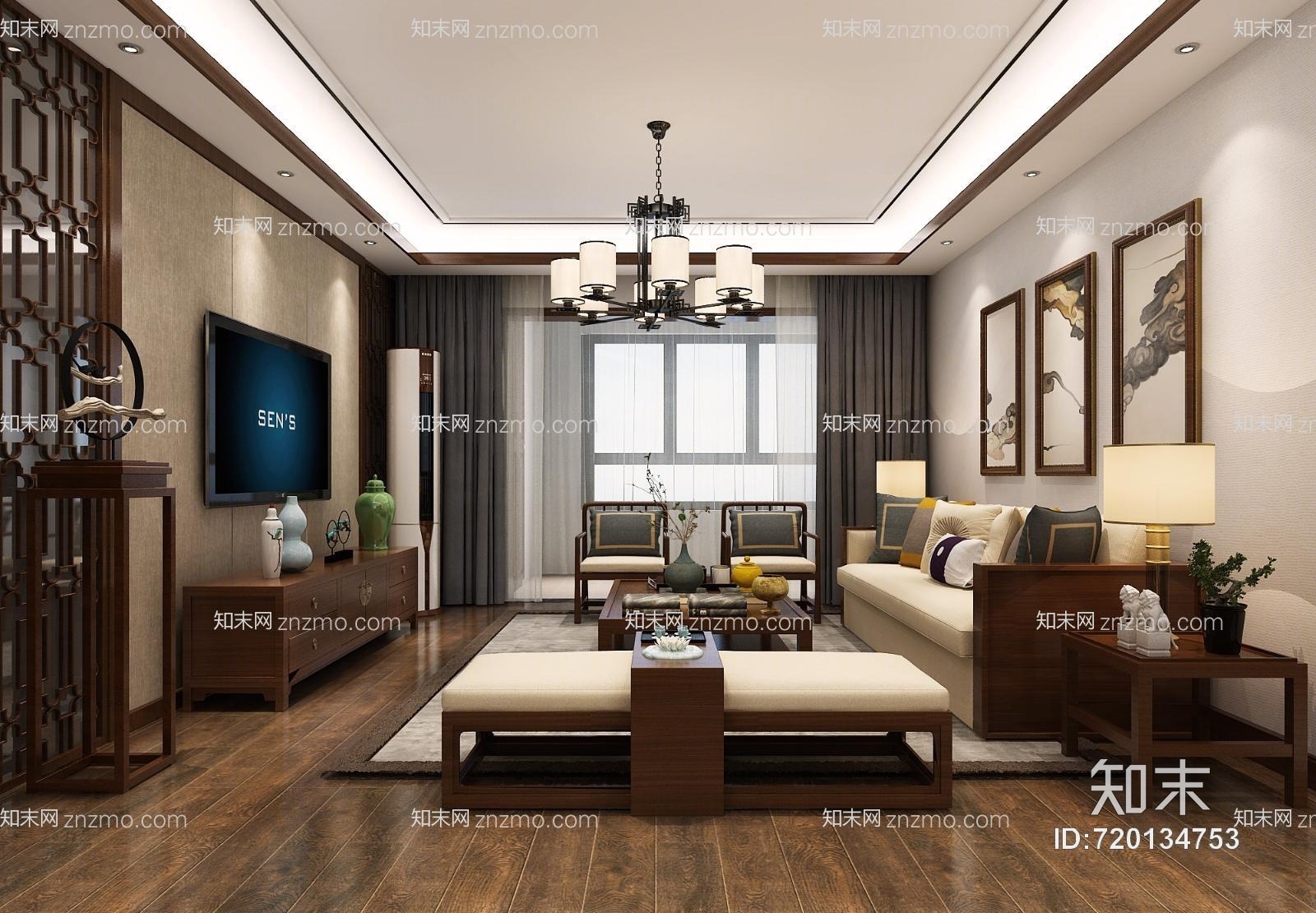 新中式客餐厅3D模型下载【ID:720134753】