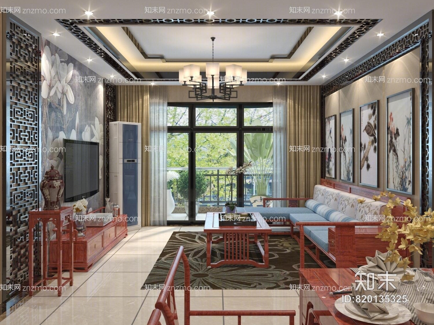 红木家具的传统中式客餐厅3D模型下载【ID:820135325】