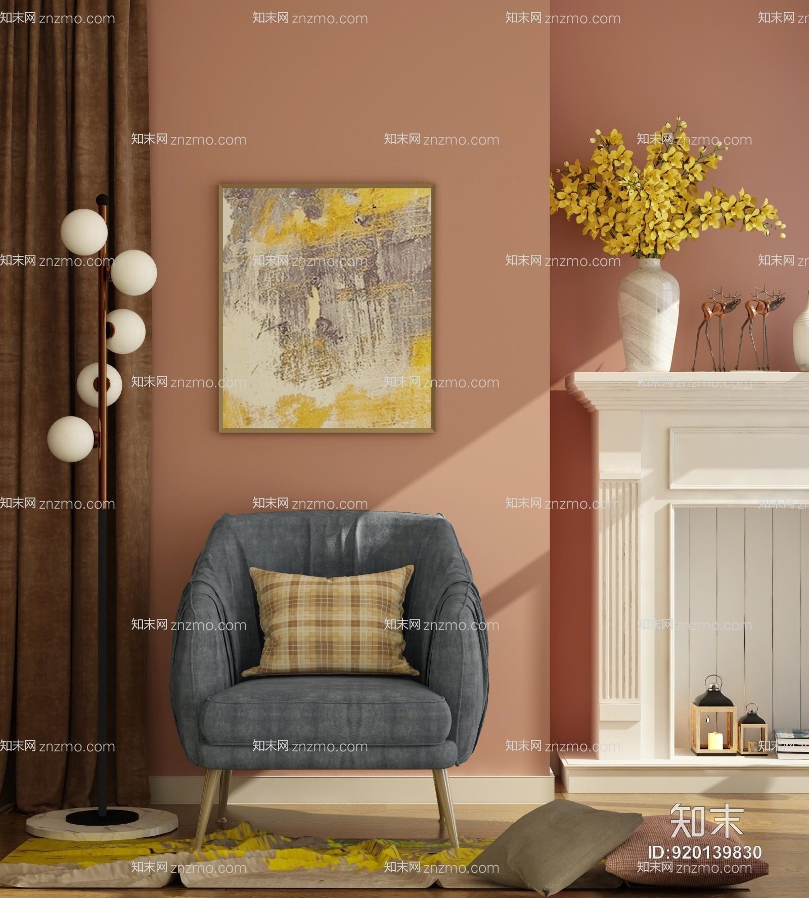 美式单椅落地灯3D模型下载【ID:920139830】