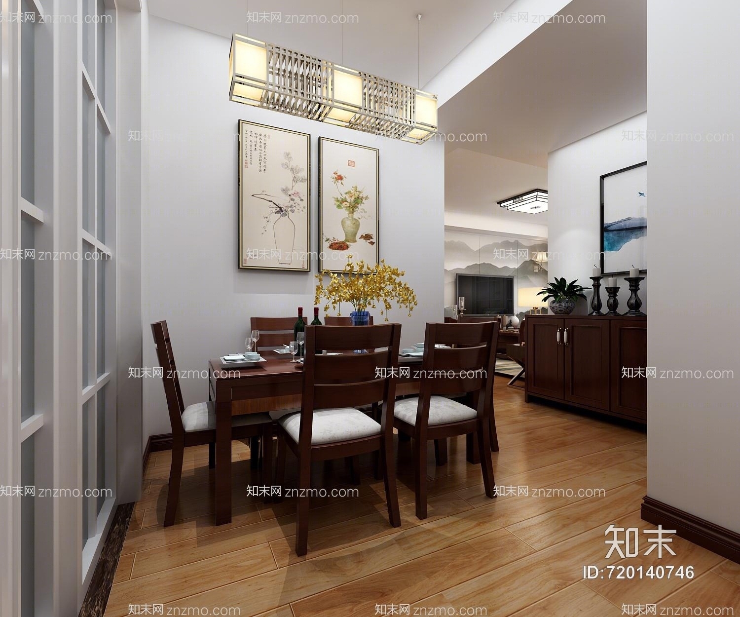 新中式客餐厅卧室3D模型下载【ID:720140746】