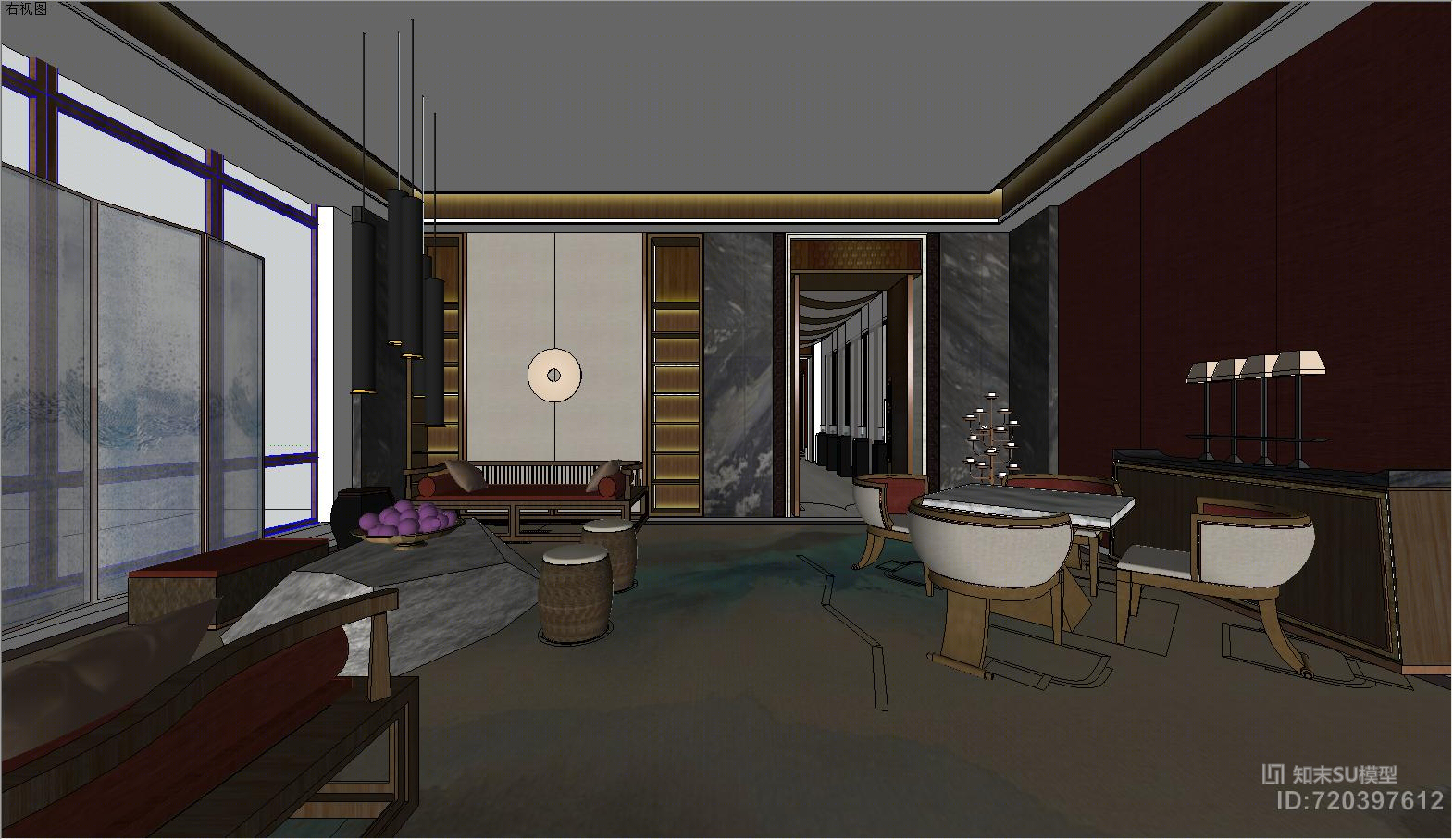 中式会所餐厅过道休息室SU模型下载【ID:720397612】