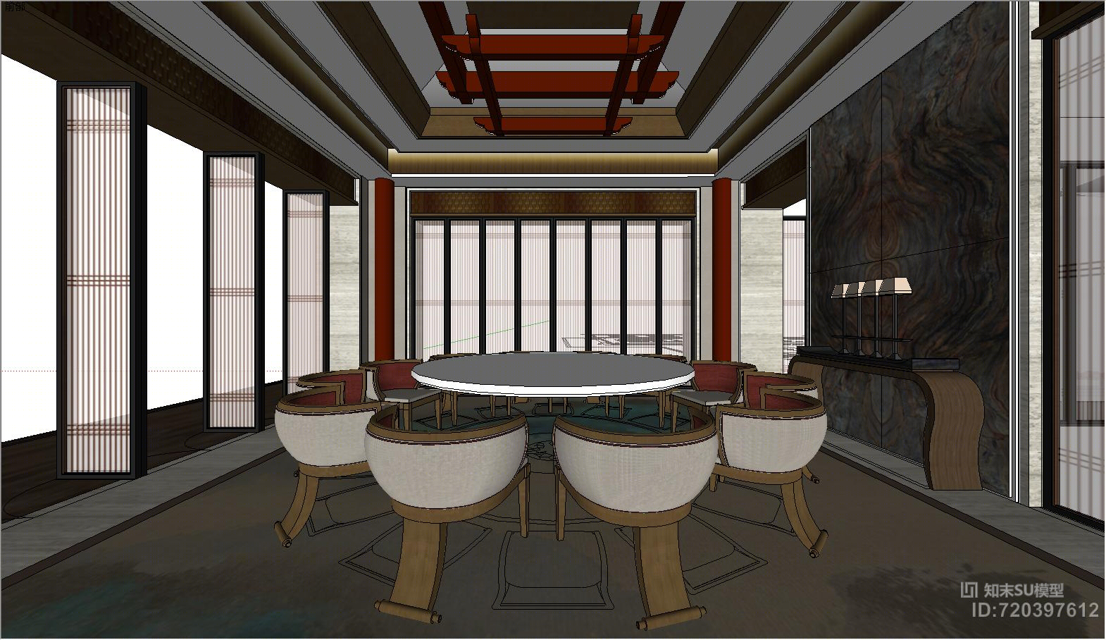 中式会所餐厅过道休息室SU模型下载【ID:720397612】