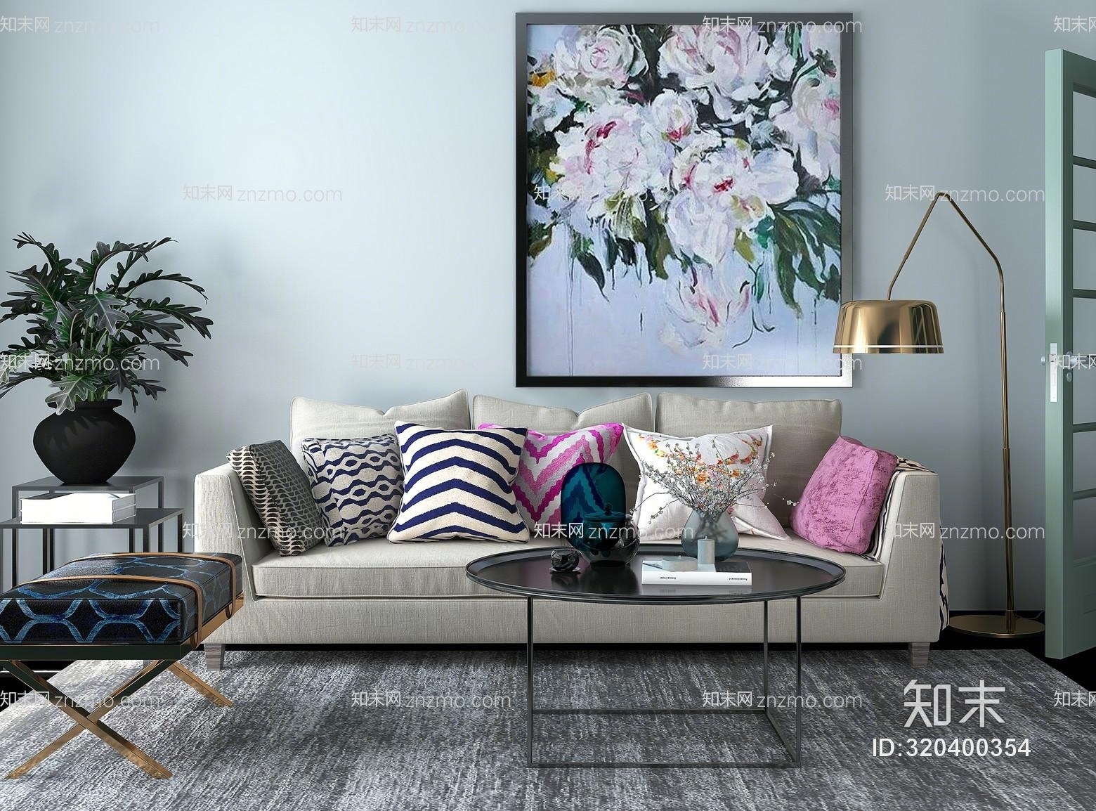 现代美式简约沙发茶几组合3D模型下载【ID:320400354】