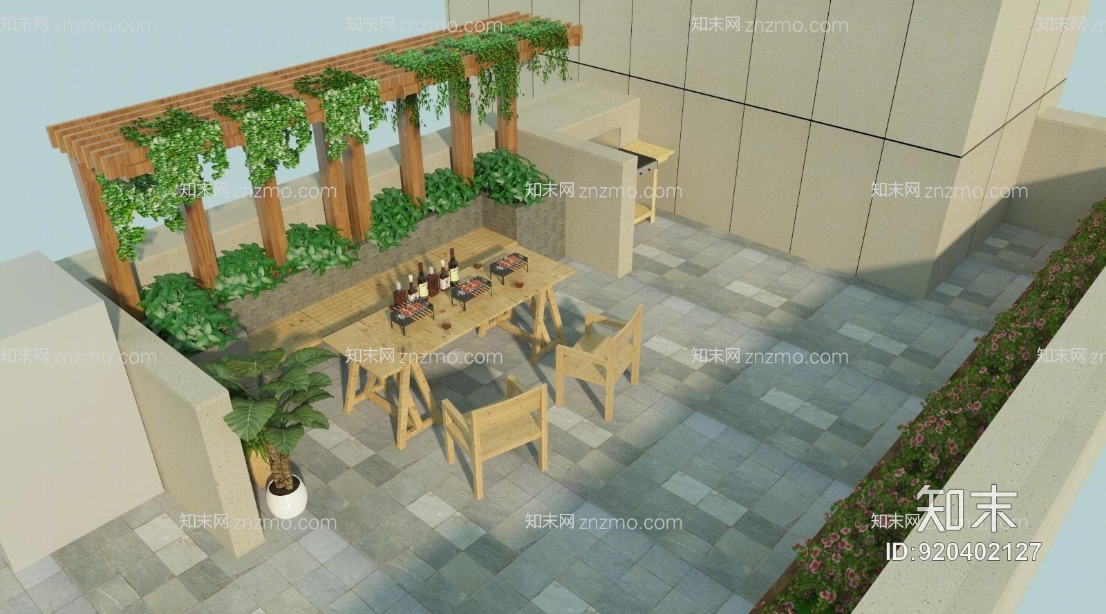 楼顶楼台花园设计3D模型下载【ID:920402127】