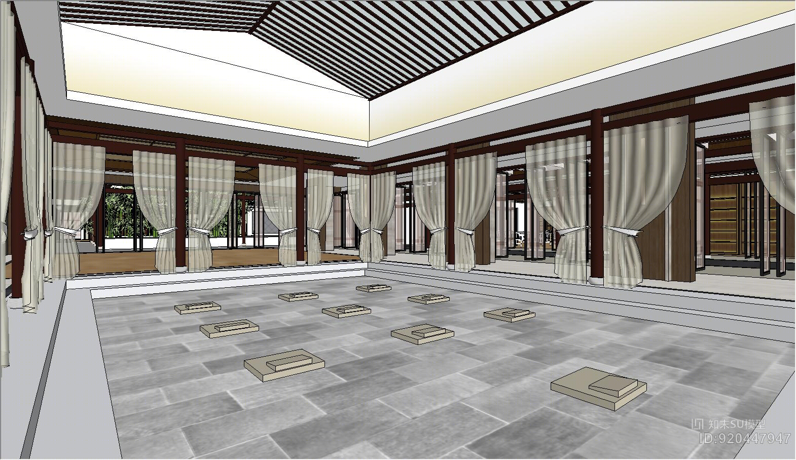 HBA原创中式七修酒店禅修等等大堂SU模型下载【ID:920447947】