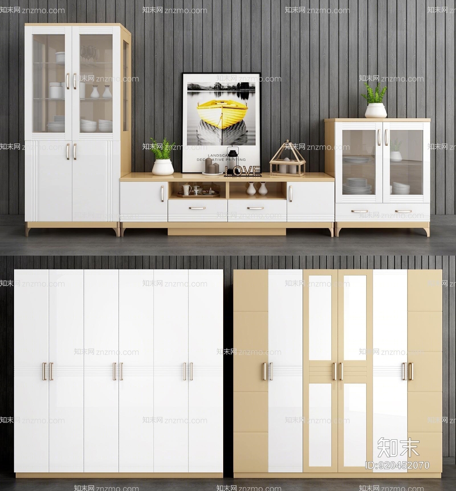 现代电视柜边柜衣柜组合3D模型下载【ID:920452070】