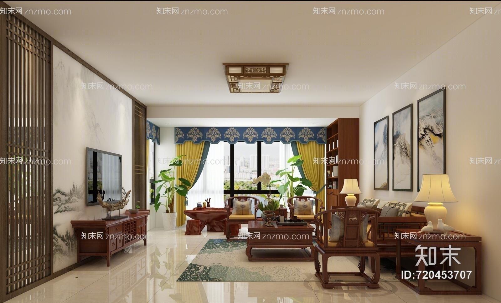 传统无吊顶中式客厅3D模型下载【ID:720453707】