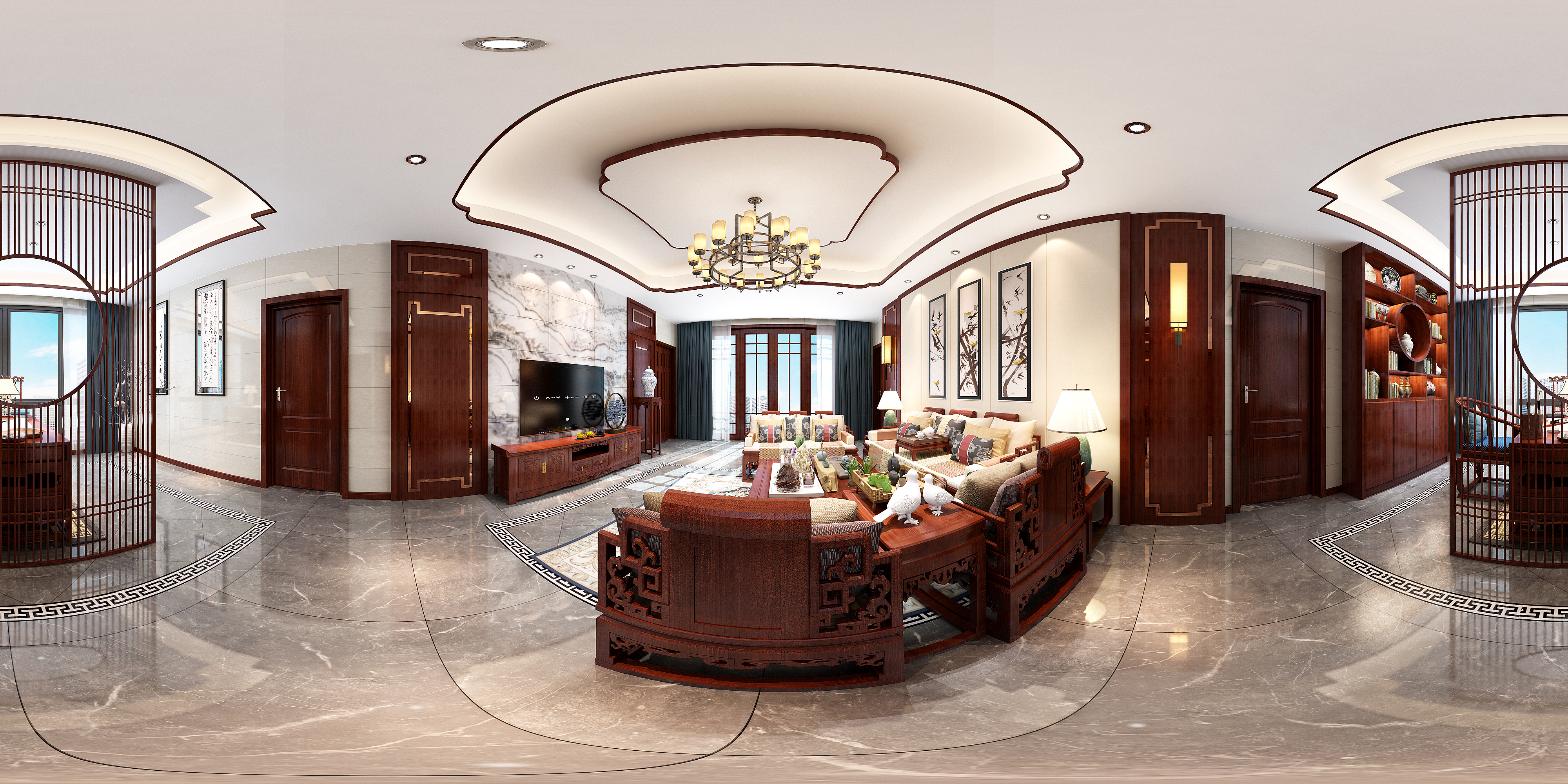 中式客厅全景 沙发 电视柜 书桌