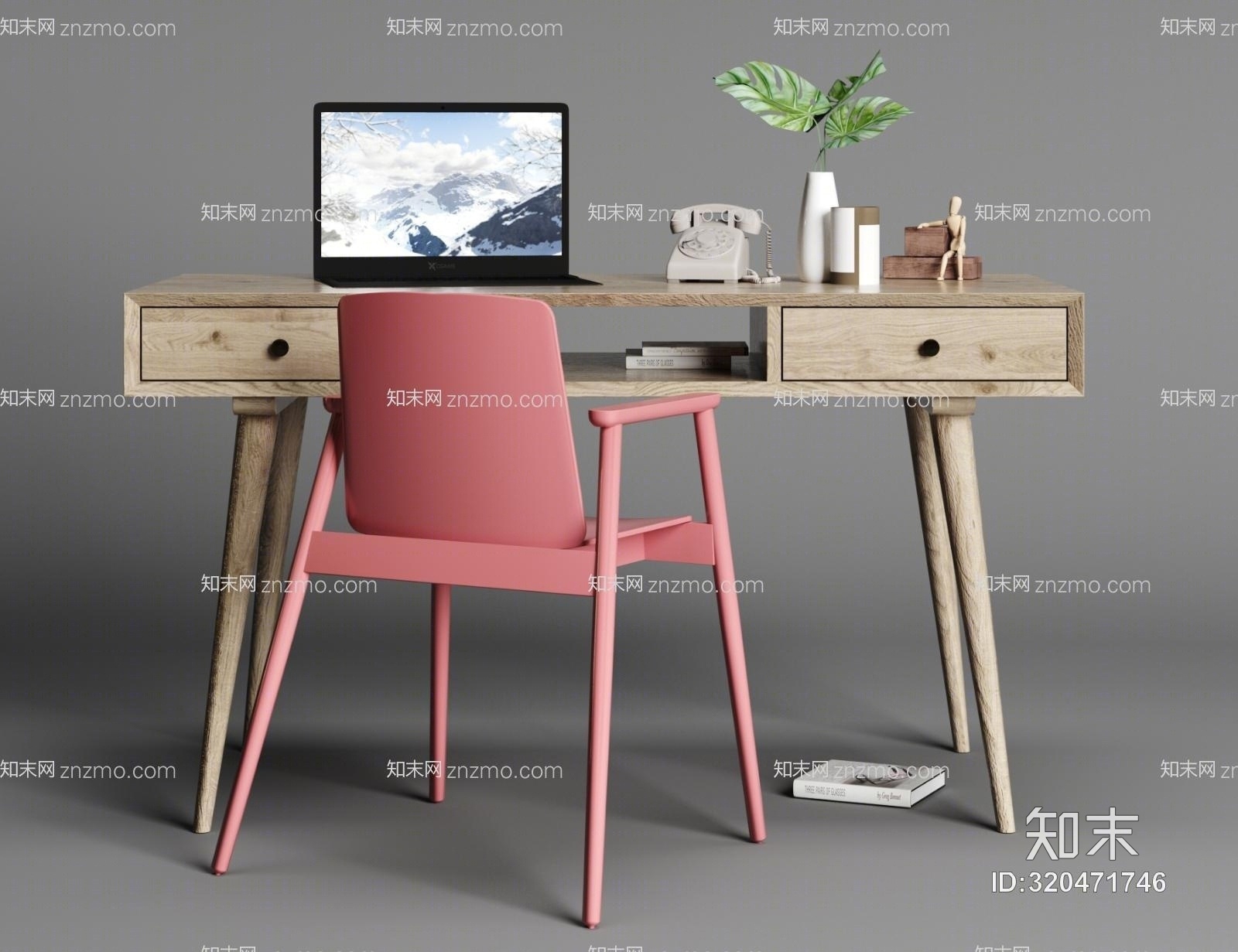 工业风书桌椅子摆件组合3D模型下载【ID:320471746】