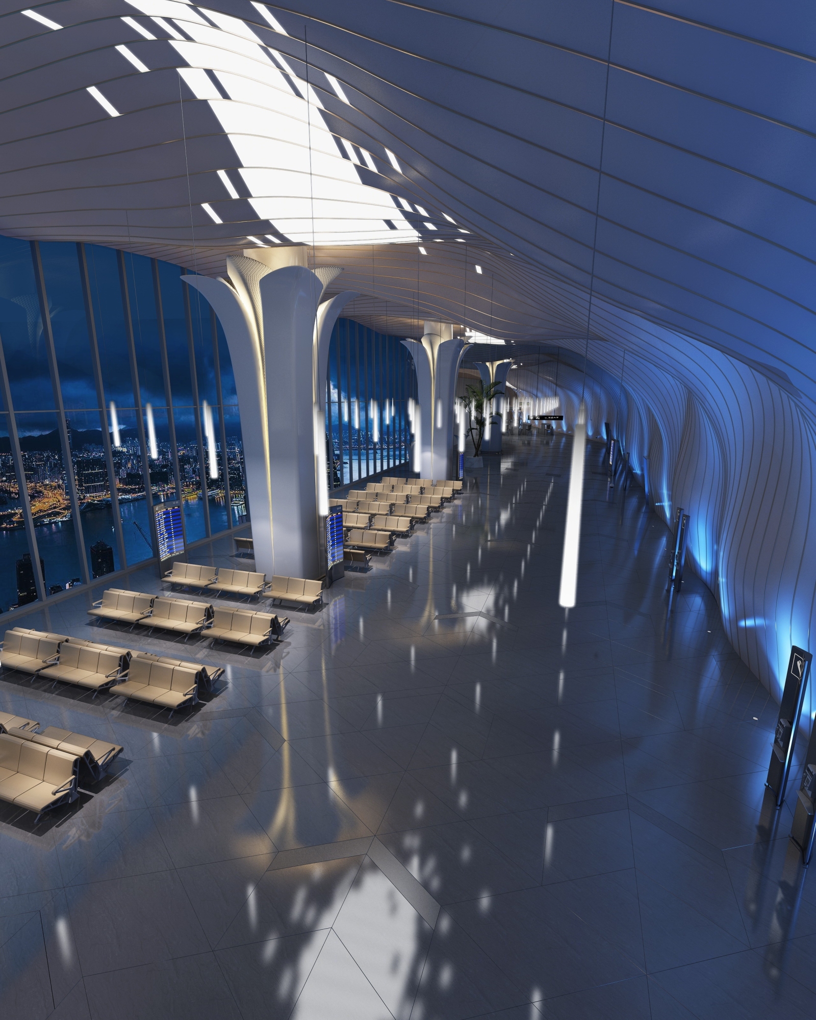 现代曲面航站楼等候大厅3D模型下载【ID:520535473】